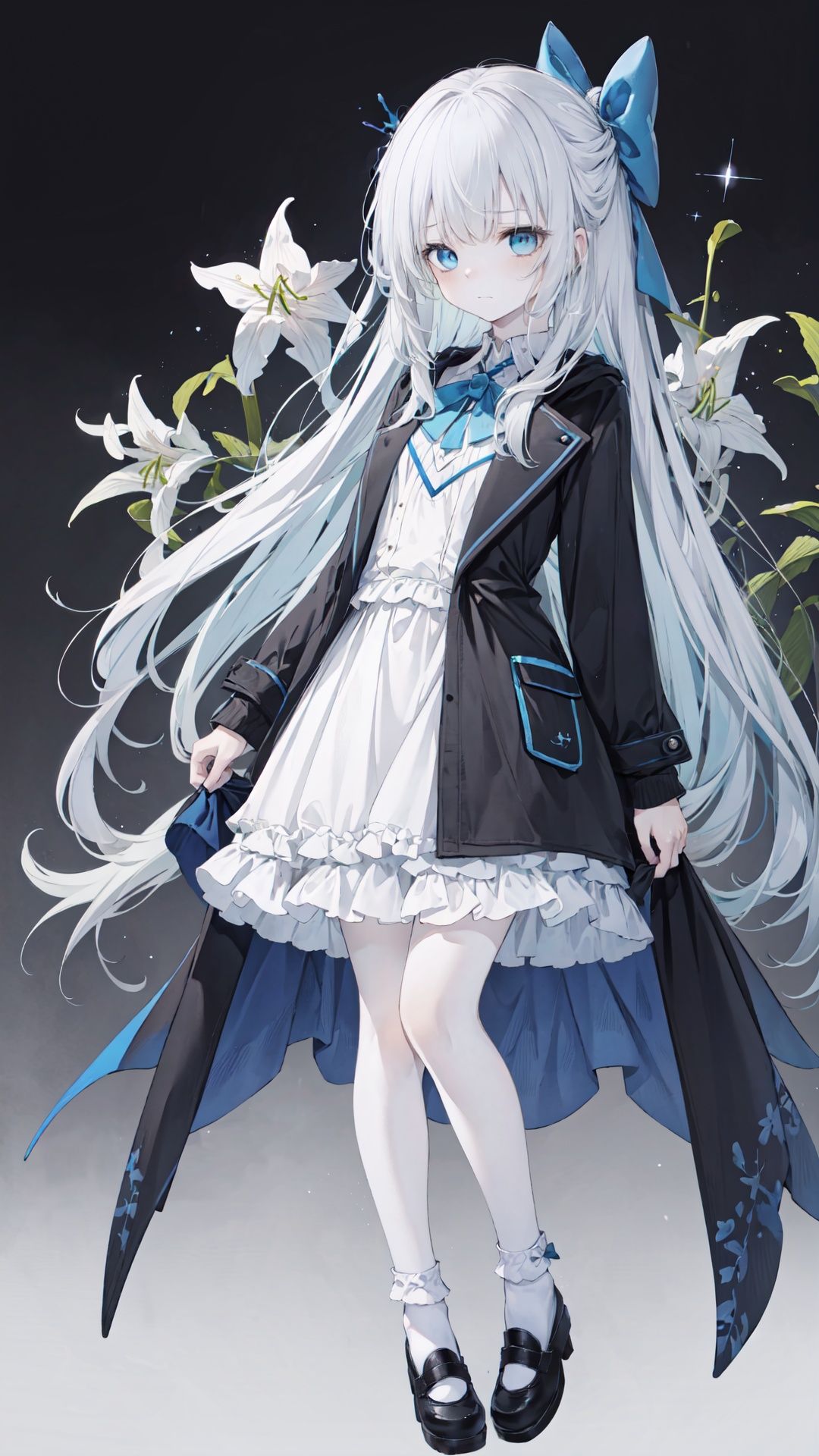 (1girl:0.6),azure theme,thin,very long hair,black and grey hair,blue eyes,(detailed eyes),small breasts, black coat,white lining,white skirt,socks,closed mouth,(sad),star,Bow head,(cluster-amaryllis),(black background),masterpiece,best quality,official art,extremely detailed CG unity 8k wallpaper,cozy anime