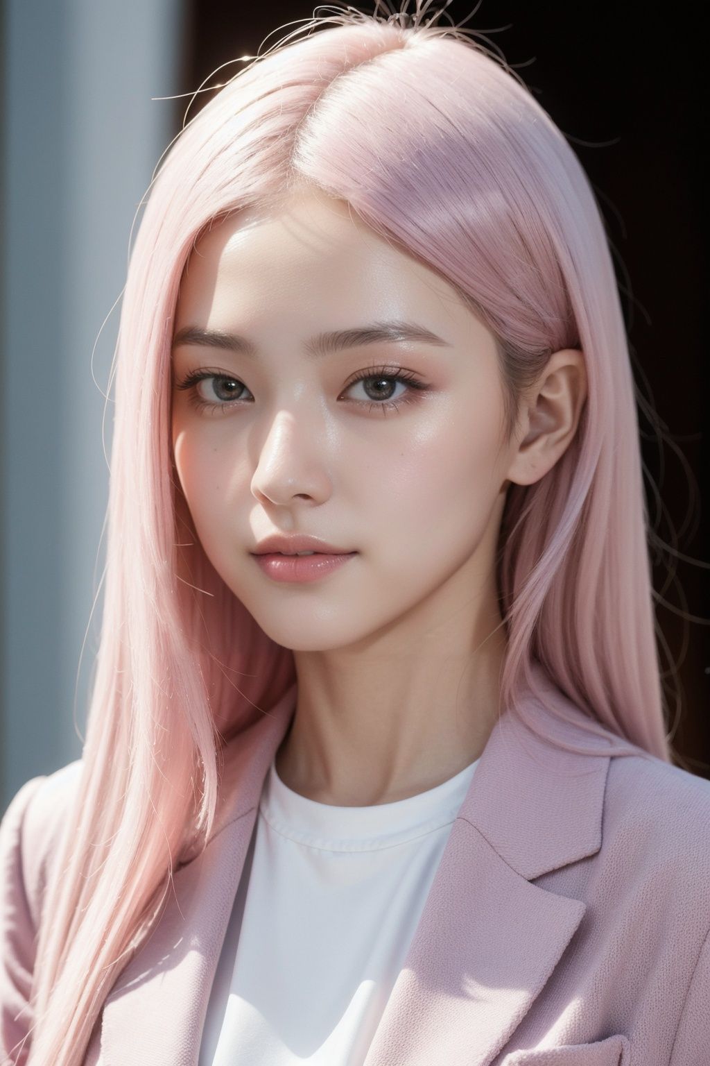 (masterpiece, best quality), intricate details, thin, ((slim)), beautiful girl, Light pink hair, white skin, light purple eyes, sharp jawline, cropped jacket, messy hair, plump lips, upper body, close up, smirk