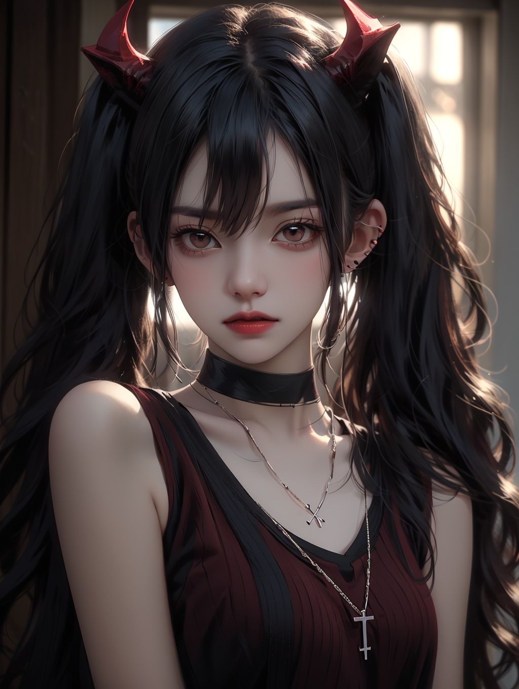 bj_Devil_angel,1girl,solo,long_hair,looking_at_viewer,bangs,shirt,black_hair,twintails,brown_eyes,jewelry,closed_mouth,upper_body,earrings,horns,choker,necklace,blurry,black_shirt,blurry_background,black_choker,piercing,cross,demon_horns,ear_piercing,red_lips,cross_necklace,red_horns,cinematic lighting,side light,sunshine,strong contrast,high level of detail,Best quality,masterpiece,<lora:FDevil_angel_v3.6:0.7>,