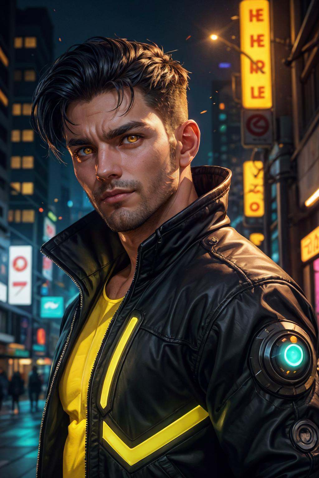 wearing futuristic black jacket with glowing lining,  neon city lights,  sharp focus on Tensor.Art