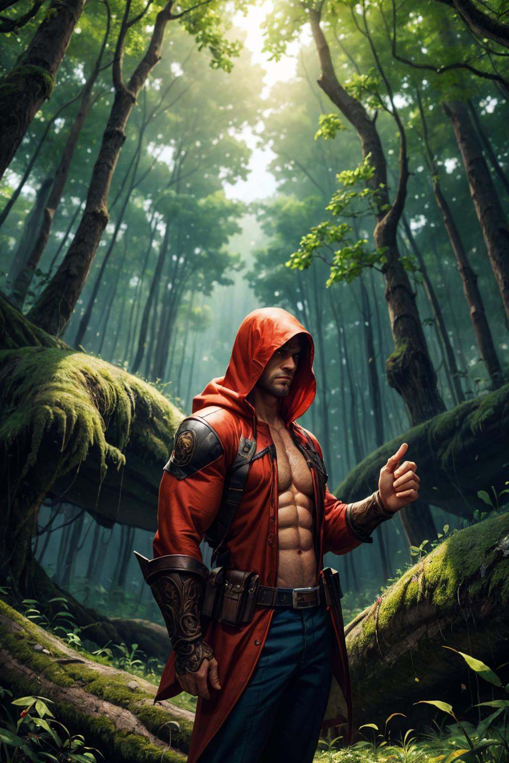 man in red Hood in front of magnificent gnarled ancient meandering tree with intertweened meandering roots,  filigree bran...