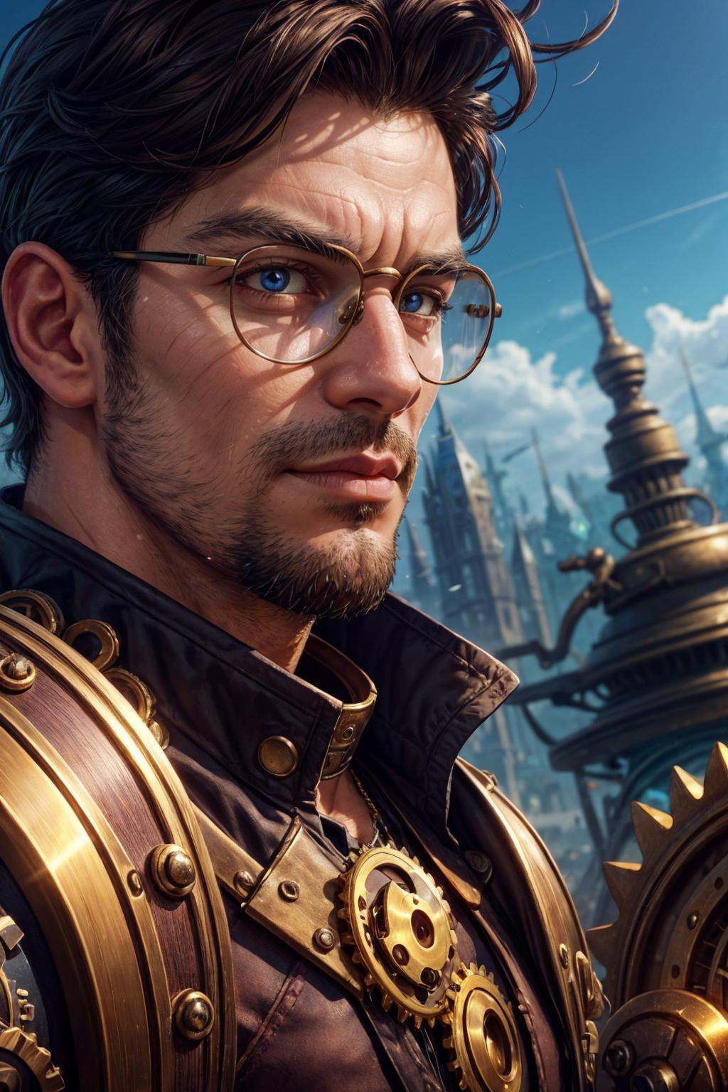 wearing intricate steampunk style fantasy clothes,  (steampunk fantasy city),  sky on Tensor.Art