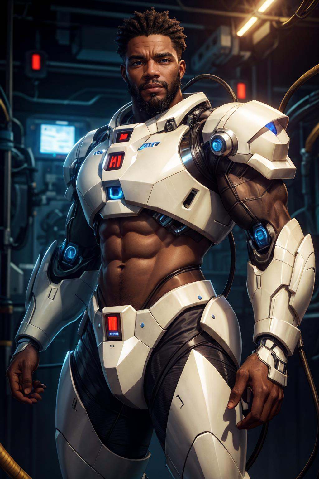 african man wearing white mecha power armor,  glowing,  cables on Tensor.Art