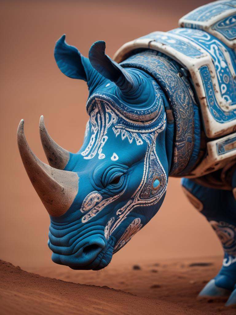 Rhinoceros with neon blue ,  on the surface of Mars | head shot pose,  realistic photo on Tensor.Art