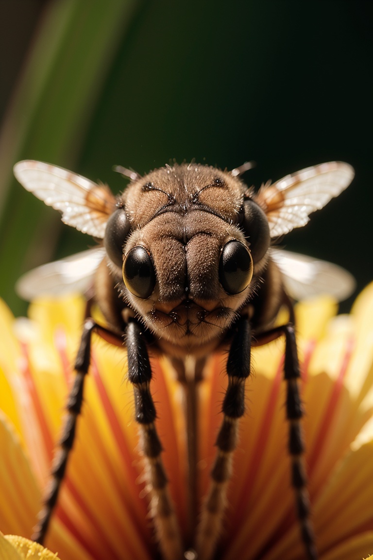 Step into the miniature world with a super close-up macro shot of a fly resting on a colorful flower. The high contrast an...