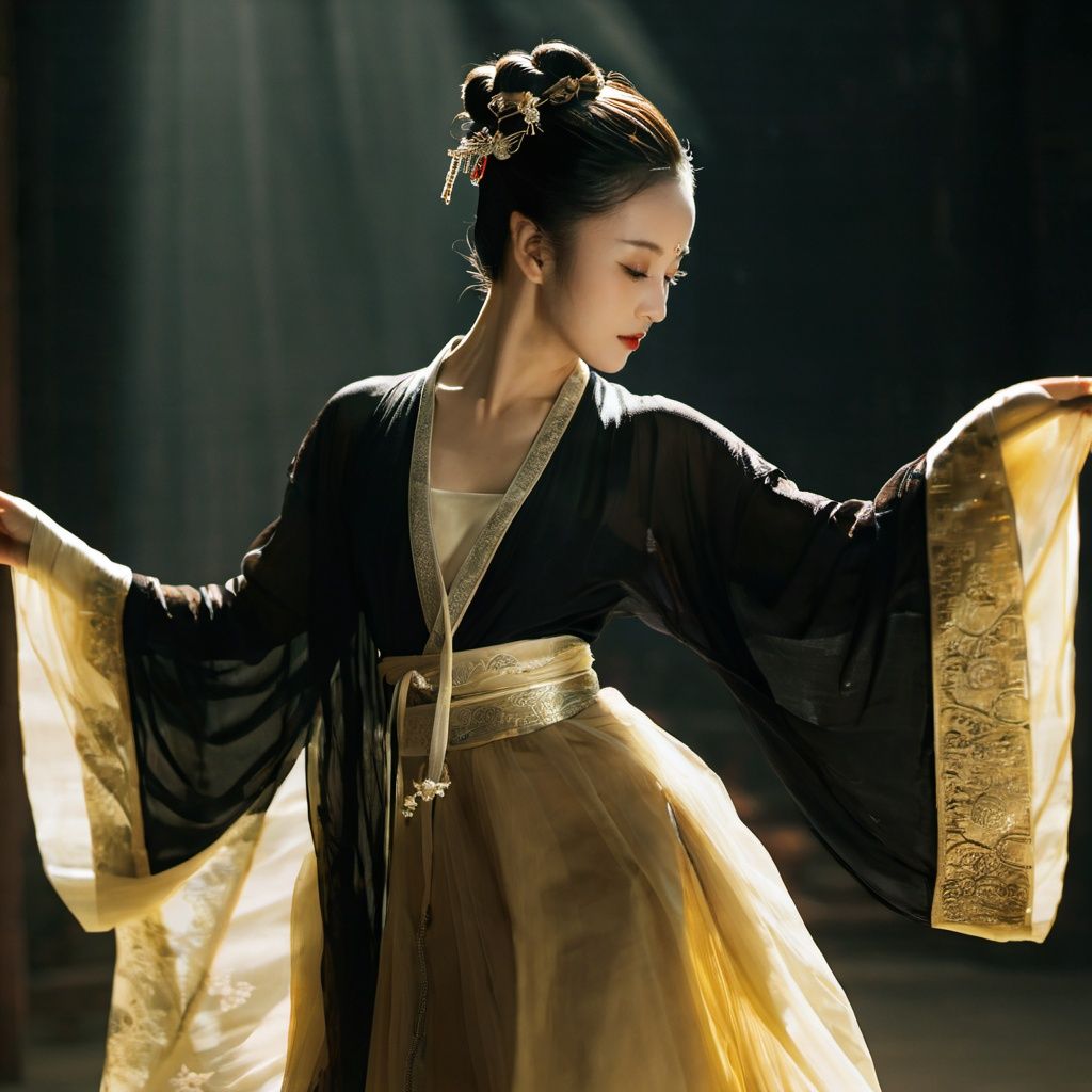 a woman is dancing,hanfu,hair ornament,long sleeves,dress,single hair bun,wide sleeves,<lora:m_06:0.7>,dark,gold,big breasts,black eyes,lips,bouncing breasts,moody lighting,Cinematic Lighting,a graceful dance,amazing light and shadow,wriggling one's body,chinese style palace,full body,