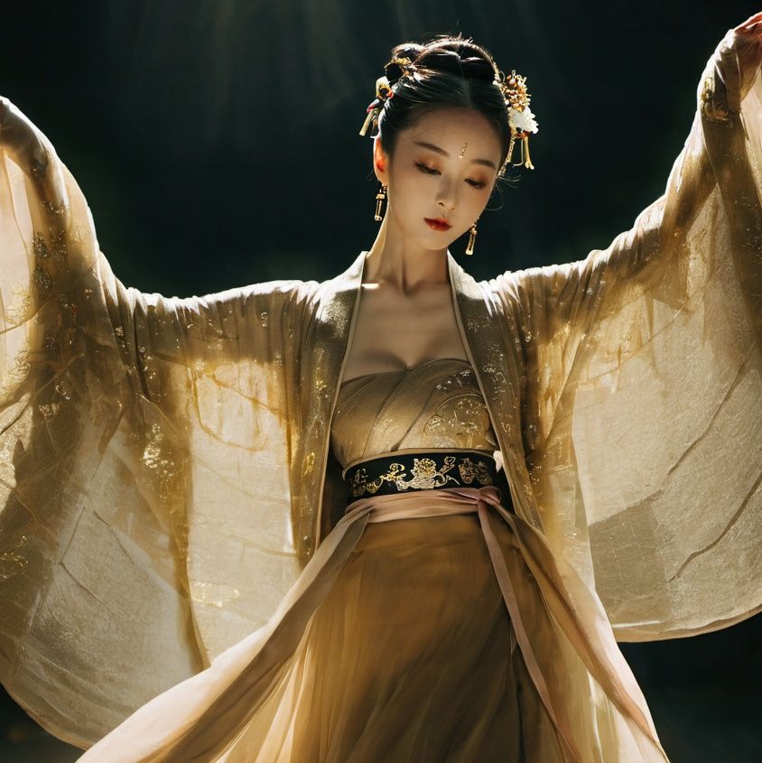 a woman is dancing,hanfu,hair ornament,long sleeves,dress,single hair bun,wide sleeves,<lora:m_06:0.7>,dark,gold,big breasts,black eyes,lips,bouncing breasts,moody lighting,Cinematic Lighting,<lora:shou-xl:0.6>,a graceful dance,amazing light and shadow,wriggling one's body,chinese style palace,full body,
