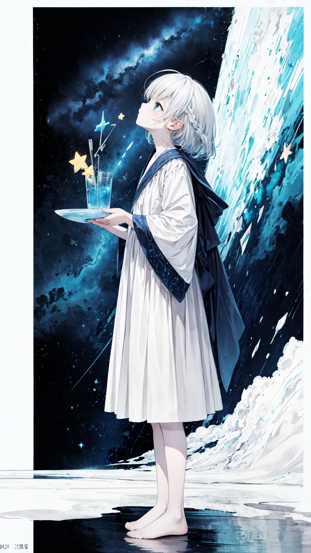 (green, silver, glimmer)),limited palette,contrast,phenomenal aesthetic,best quality,sumptuous artwork,(masterpiece),(best quality),(ultra-detailed),(((illustration))),((an extremely delicate and beautiful)),(detailed light),qua theme,cold theme,broken glass,broken wall,((an array of stars)),((starry sky)),the Milky Way,star,Reflecting the starry water surface,(1girl:1.3),awhite hair,blinking,white dress,closed mouth,constel lation,flat color,noline art,white hair,braid,blinking,white robe,barefoot,float,flat color,looking up,standing,medium hair,standing,solo,space,universe,Nebula,many stars,fanxing,