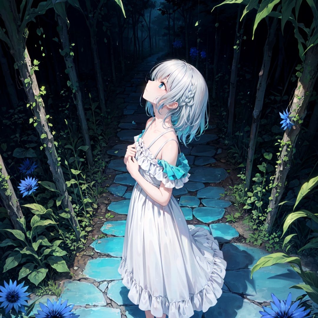 late at night,dark, light rain,dark, (((green, silver, glimmer)), limited palette, contrast, phenomenal aesthetic, best quality, sumptuous artwork, (masterpiece), (best quality), (ultra-detailed), (((illustration))), ((an extremely delicate and beautiful)), (detailed light),

light rain,dark,(((Cornflower))), cornflower, cornflower,vines, forest, ruins, Blurred picture, lens flare, hdr, Tyndall effect,damp,wet,


1girl, bare shoulders,cold theme, broken glass, broken wall, aqua theme, white hair, blinking, white dress, closed mouth, constel lation, flat color, braid, blinking, white robe, float, closed mouth, constel lation, flat color, looking up, standing, medium hair, standing, solo