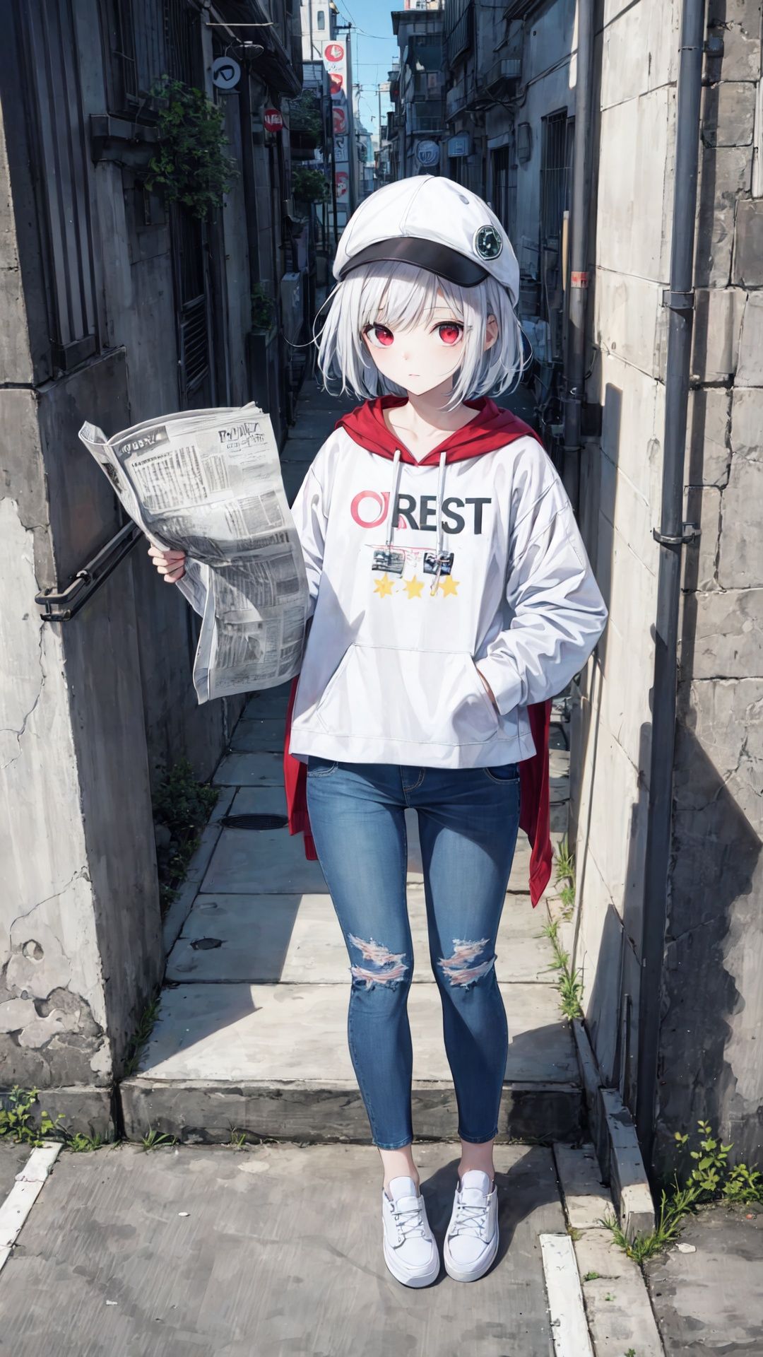 (Abstract Art:1.25), (masterpiece), (best quality), 1girl, newspaper,Medium view,girl focus, white hair,red eyes,outdoors,(street art:1.3) ,painting,colorful,ink,jeans,hat,portrait,(full body,wide shot)