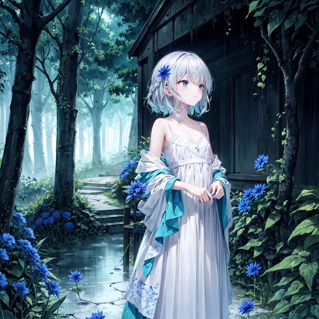 late at night,dark, light rain,dark, (((green, silver, glimmer)), limited palette, contrast, phenomenal aesthetic, best quality, sumptuous artwork, (masterpiece), (best quality), (ultra-detailed), (((illustration))), ((an extremely delicate and beautiful)), (detailed light),

light rain,dark,(((Cornflower))), cornflower, cornflower,vines, forest, ruins, Blurred picture, lens flare, hdr, Tyndall effect,damp,wet,


1girl, bare shoulders,cold theme, broken glass, broken wall, aqua theme, white hair, blinking, white dress, closed mouth, constel lation, flat color, braid, blinking, white robe, float, closed mouth, constel lation, flat color, looking up, standing, medium hair, standing, solo