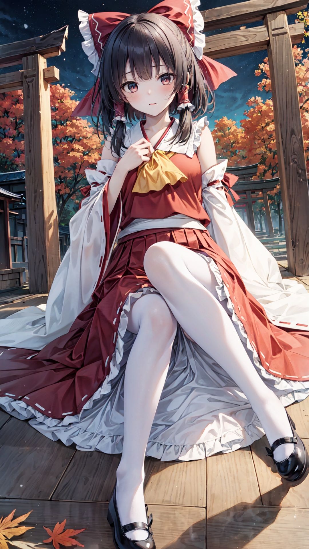 ,finely detail, Depth of field,(((masterpiece))),((extremely detailed CG unity 8k wallpaper)),best quality,high resolution illustration,Amazing,highres,intricate detail,(best illumination, best shadow, an extremely delicate and beautiful),

Japanese style architecture,shrine,autumn,night,

hakurei_reimu, hair_tubes, detached_sleeves, ribbon-trimmed_sleeves, ribbon_trim, 1girl, ascot, bow, frilled_bow, miko, yellow_ascot, gohei, hair_bow, skirt, red_skirt, torii, nontraditional_miko, solo, red_bow, frills, socks, mary_janes, wide_sleeves, , uwabaki
