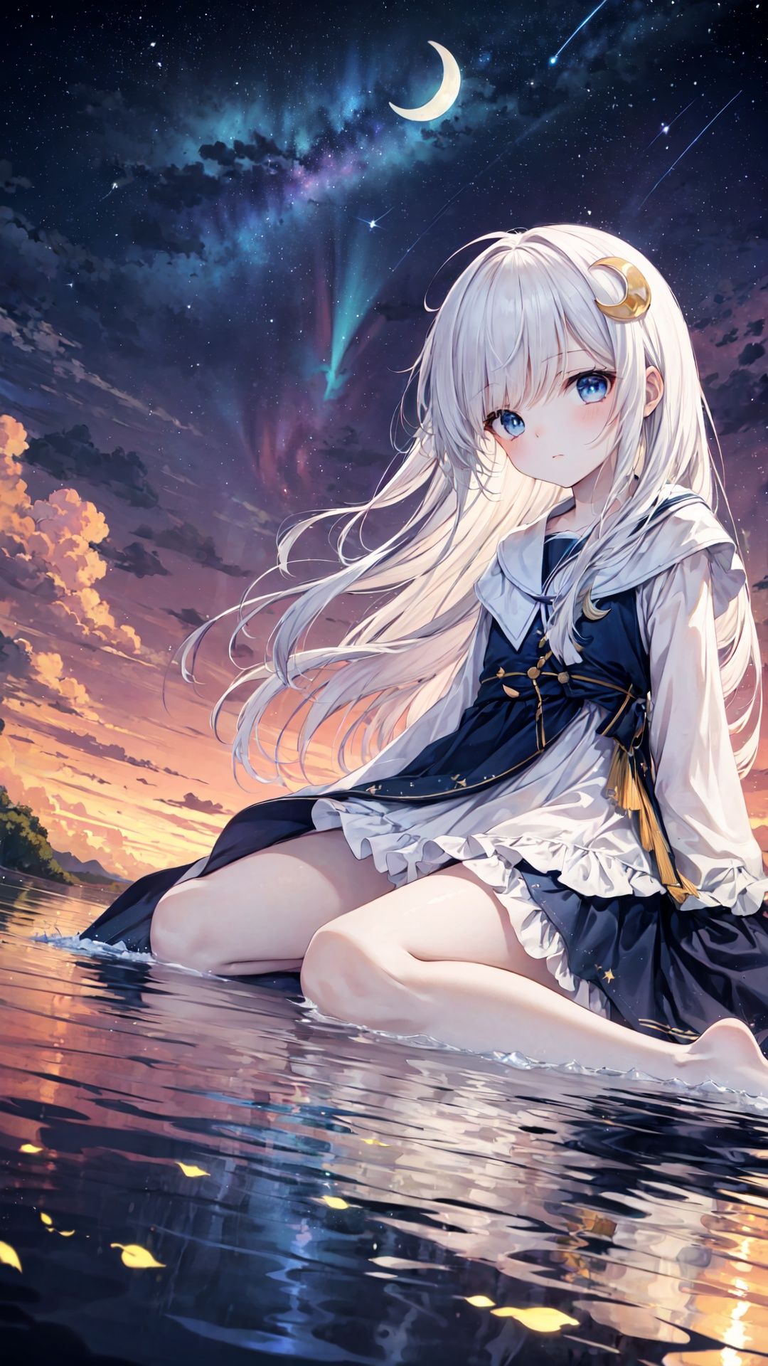 parameters

(Highest picture quality), (Master's work),(Detailed eyes description),(Detailed face description),(Milky Way,Jupiter,Aldebaran behind the girl),bubble, fantastic,girl in star,full body,
water surface,the water stretches as far as the eye can see.
1girl, (loli,little girl:1.25),wariza,
aurora, cloud, cloudy_sky, constellation, crescent_moon, dusk, earth_\(planet\), fireflies,full_moon, galaxy, gradient_sky, horizon, light_particles,(planet),(reflection),skyline,space,sunset,water surface reflection 