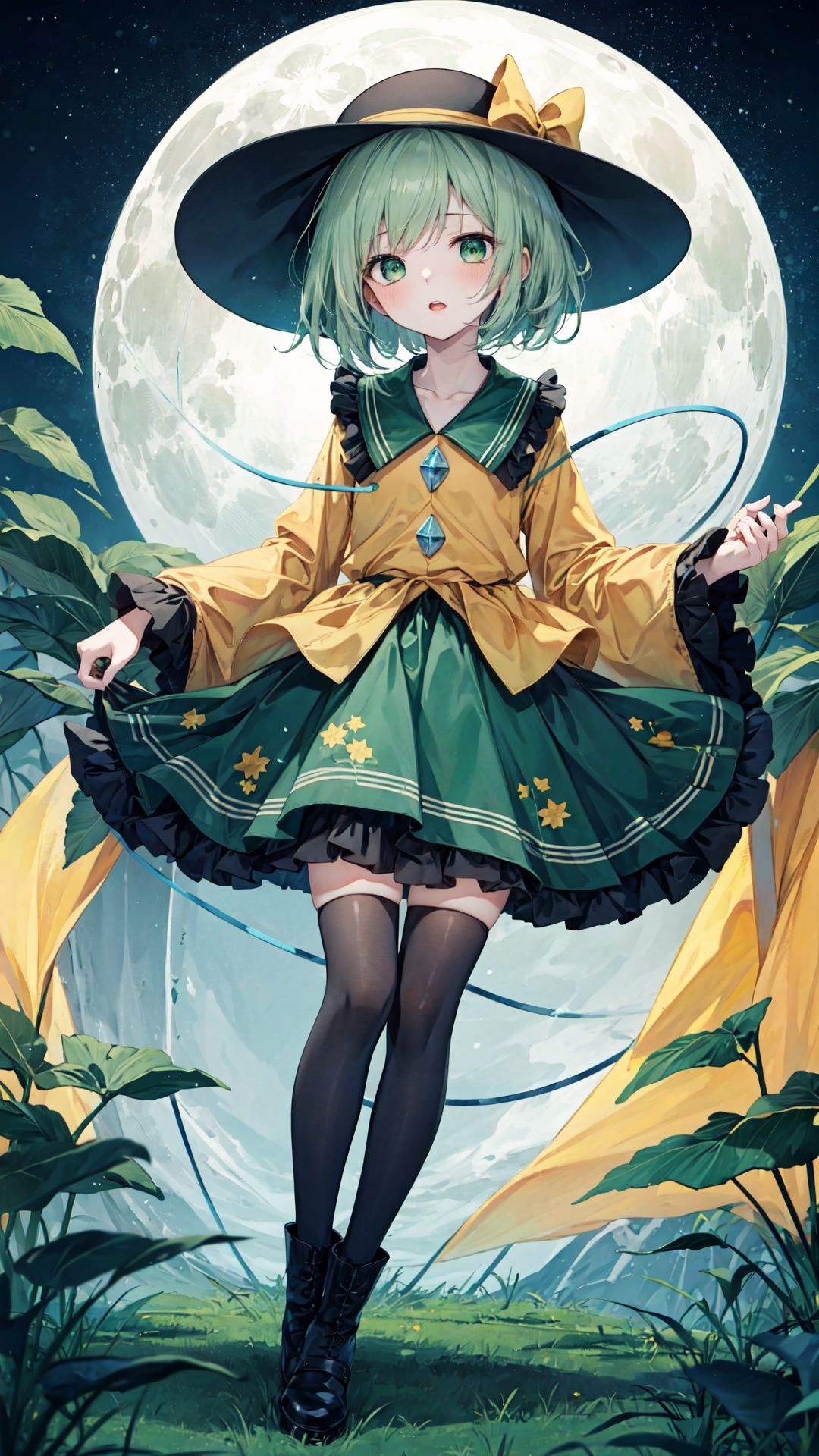 masterpiece,(illustration:1.2),(Cinematic Lighting),star,moon,bubble,fantastic,plant,best quality,
1girl,solo,hat,komeiji koishi,skirt,heart,shirt,thighhighs,green skirt,long sleeves,ribbon,looking at viewer,wide sleeves,third eye,frills,yellow shirt,hat ribbon,star (symbol),flower,green hair,black headwear,full body,short hair,blue eyes,blush,frilled sleeves,frilled shirt collar,gradient,green eyes,collarbone,frilled skirt,hat bow,yellow ribbon,bow,eyeball,floral print,yellow bow,blouse,parted lips,heart of string,bangs,open mouth,boots,