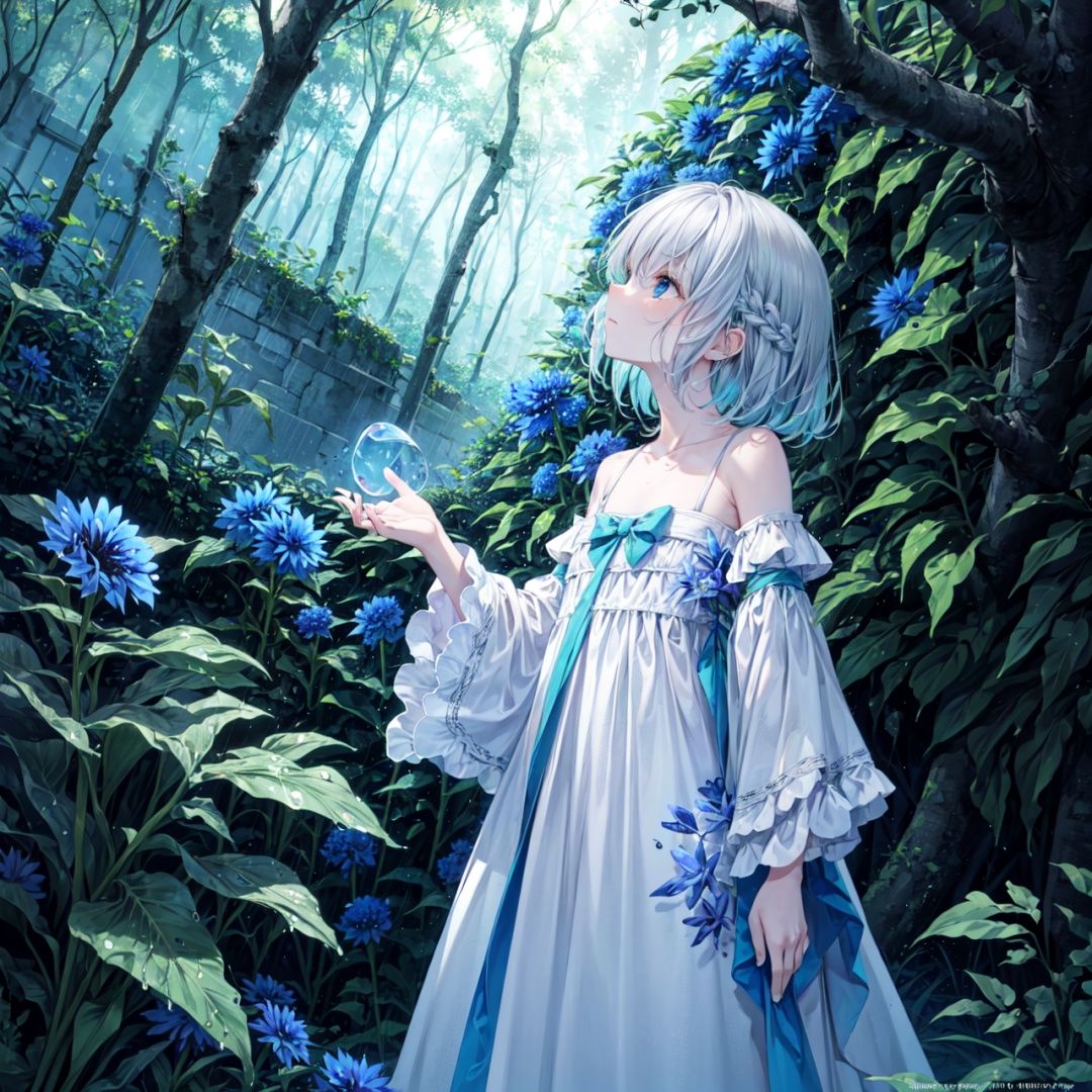 late at night,dark, light rain,dark, (((green, silver, glimmer)), limited palette, contrast, phenomenal aesthetic, best quality, sumptuous artwork, (masterpiece), (best quality), (ultra-detailed), (((illustration))), ((an extremely delicate and beautiful)), (detailed light),

light rain,dark,(((Cornflower))), cornflower, cornflower,vines, forest, ruins, Blurred picture, lens flare, hdr, Tyndall effect,damp,wet,


1girl, bare shoulders,cold theme, broken glass, broken wall, aqua theme, white hair, blinking, white dress, closed mouth, constel lation, flat color, braid, blinking, white robe, float, closed mouth, constel lation, flat color, looking up, standing, medium hair, standing, solo