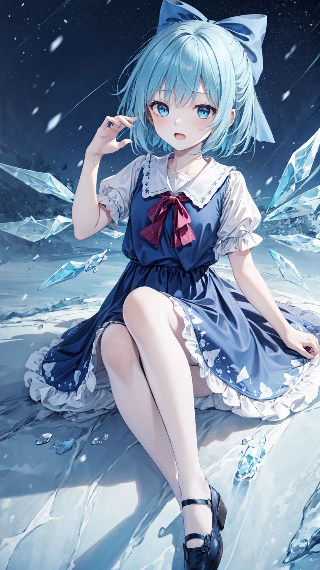 finely detail, Depth of field,(((masterpiece))),((extremely detailed CG unity 8k wallpaper)),best quality,high resolution illustration,Amazing,highres,intricate detail,(best illumination, best shadow, an extremely delicate and beautiful),

チルノ,Cirno,cirno, 1girl, wings, bow, ice, solo, blue_hair, star_\(sky\), dress, blue_dress, hair_bow, blue_eyes, blue_bow, ice_wings, starry_sky, open_mouth, underwear, sky, snowing, short_hair, short_sleeves, night_sky, shoes,