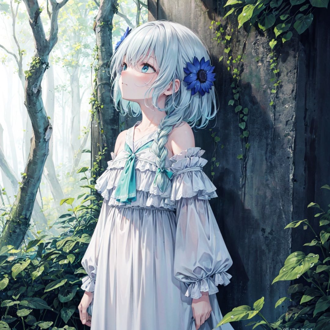 late at night,dark, light rain,dark, (((green, silver, glimmer)), limited palette, contrast, phenomenal aesthetic, best quality, sumptuous artwork, (masterpiece), (best quality), (ultra-detailed), (((illustration))), ((an extremely delicate and beautiful)), (detailed light),

light rain,dark,(((Cornflower))), cornflower, cornflower,vines, forest, ruins, Blurred picture, lens flare, hdr, Tyndall effect,damp,wet,


1girl, bare shoulders,cold theme, broken glass, broken wall, aqua theme, white hair, blinking, white dress, closed mouth, constel lation, flat color, braid, blinking, white robe, float, closed mouth, constel lation, flat color, looking up, standing, medium hair, standing, solo