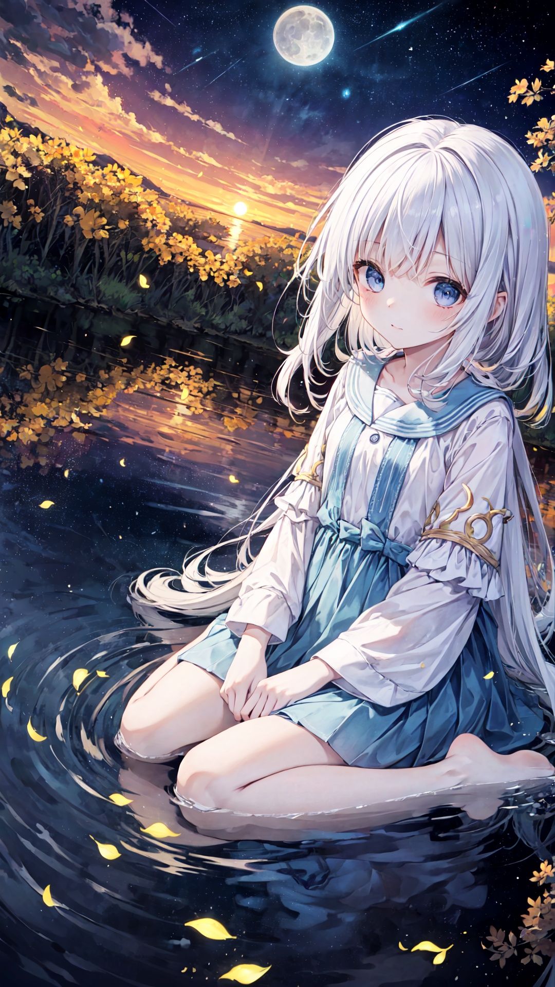 parameters

(Highest picture quality), (Master's work),(Detailed eyes description),(Detailed face description),(Milky Way,Jupiter,Aldebaran behind the girl),bubble, fantastic,girl in star,full body,
water surface,the water stretches as far as the eye can see.
1girl, (loli,little girl:1.25),wariza,
aurora, cloud, cloudy_sky, constellation, crescent_moon, dusk, earth_\(planet\), fireflies,full_moon, galaxy, gradient_sky, horizon, light_particles,(planet),(reflection),skyline,space,sunset,water surface reflection ,****