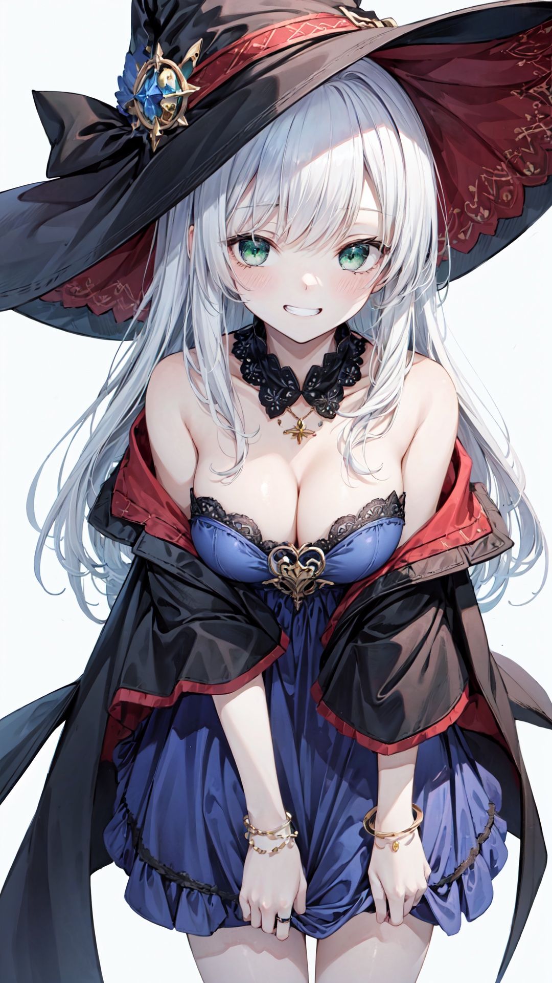 1girl,solo,extremely detailed CG unity 8k wallpaper,illustration,lens 135mm,masterpiece,best quality,young girl,naughty face,Bored,(white background:1.5),cowboy shot,simple background,masterpiece,best quality,masterpiece,best quality,(Witch dress:1.2),cleavage,Hair ribbon,straight-on,Blush,Leaning forward,green eyes,white_hair,Wizard hat,Long hair,Light smile,grin,cardigan,blue dress,frilled dress,layered dress,off-shoulder dress,cape,pendant,from above,(wide-eyed),Rings,gemstone rings,bracelets,breast hold,masterpiece,best quality,