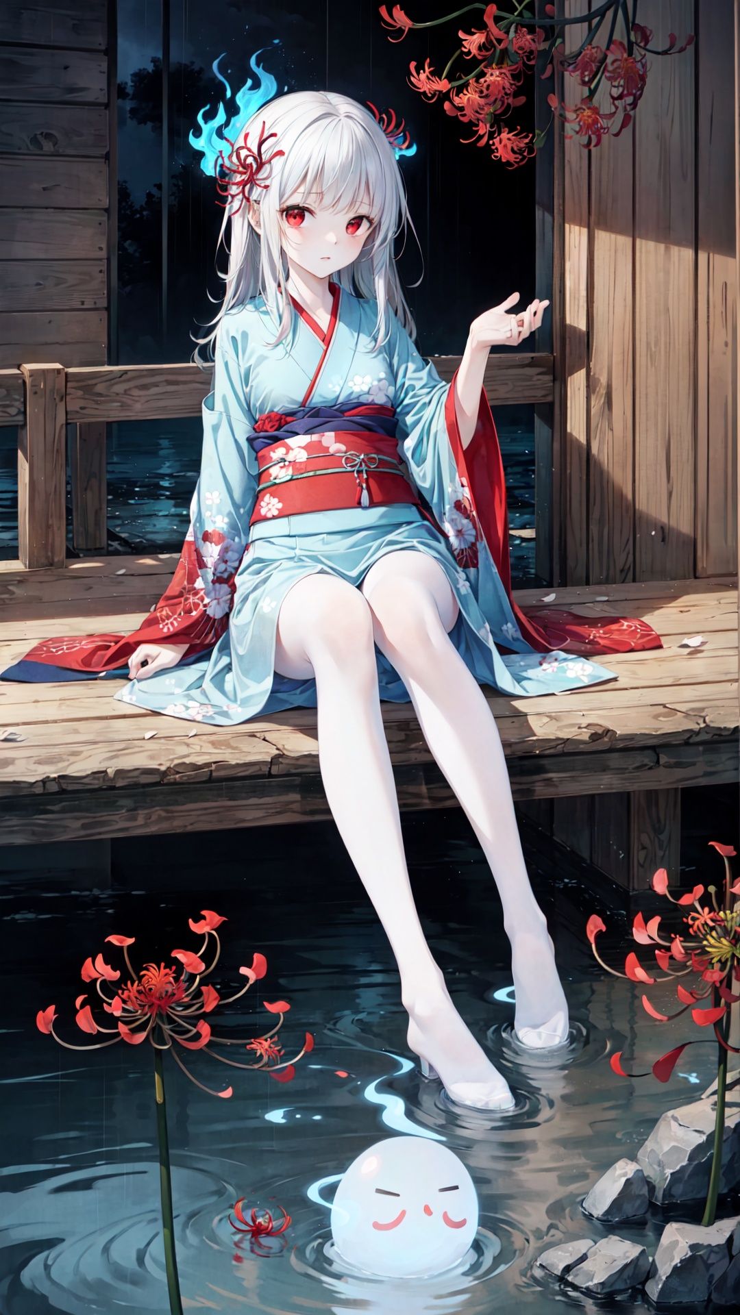 ((masterpiece)),((best quality)),extremely detailed,Illustration,(an extremely delicate and beautiful),(ultra_detailed),(extremely detailed CG 8k wallpaper),depth of field.
wide shot,(((full body))),(solo),((an extremely delicate and beautiful girl is sitting on the rock)),((extremely detailed red eyes and face)) with (white long hair) with (flutter hair) with (expressionless) with (hair flower) with ((blue kimono)) with (tiny breasts).
((much (red flowers and spider lily) on the floor with river)), (((a broken chalet))).
rain. Dark tonal. (ghost, floating blue fire:1.2).wide shot
