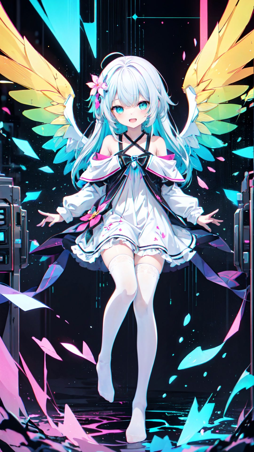 white background:1.7,(full body:1.25),Dynamic angle,[Bottle bottom],
extremely delicate and beautiful,
(fantasy),
depth of field,amazing,masterpiece,
solo,
/////////////////////////////////////
(glowing shiny skin), skin
halter dress, (((loli))), (super delicate), (illustration), (extremely delicate and beautiful), (dynamic angle), fluttered detailed ink splashes, (focus-on feet:1.1),(white thighhighs without shoes),no shoes,(small gold ornament), (beautiful detailed eyes), (glowing eyes),Ferocious eyes,open mouth,evil smile,(((knees up))),
/////asdjiohdiqowdoqmsiax\\\\\\\\\\\\\
(impasto),sketch,(CG),best illustration,portrait,official art,
(Lake:1.2),
(very long messy one side up),hair with rainbow colored ,
(splatter)/=((colorful ink splash wings):1.33),
(colorful ink flowing:0.9),
(broken glass:1.266),beautiful detailed glow,
((chromatic aberration with strong rim light,glitch):1.105),
/////
(looking at viewer),
depth of field, double exposure, tyndall effect, colorful refraction,
visual impact,dynamic angle,
best quality
\\\\\\\\\asda\qwf\\\\\\\\\
AI is **,super fucking cool,(flat color,vector graphics,outline):1.35),(paper cutting:1.2),beautiful detailed,(1girl:1.5),(solo),(full body:1.2),Side view,Lines of simple,ight,hair with body,webbed dress,(Elegant long hair:1.2),Delicate arms and hands,hair with flower,colorful wings,
(delicate face,delicate eyes),
(Elegant long hair),
((flower:1.2),flower leg,flower hands,body with flower,flowing hair,The body is covered with flowers),
(((error),((glitch lump)on face),(glitch art:1.5),(Pixilation on face)///,Double exposure,(Chromatic Aberration),(Neon:1.2),
(delicate face,delicate hands),

(masterpiece,best quality,extremely detailed CG ultra-detailed),Depth of field,ray tracing,
((1girl,solo):1.2),an extremely deilcate and beautiful,detailed face,(detailed cute anime face:1.35),small breast,
detailed body,beautiful detailed eyes,beautiful detailed glow,
beautiful detailed eyes,Emerald eyes,Vertical pupil,ai is **,
(((very long messy one side up:1.2),(hair with rainbow colored) with (white hair),
(white short dress:1.4),(white off-shoulder jacket:1.3),detailed clothes,
(colorful butterfly)/=(Metatron's Cube with ether),
Splash color,((colorful splash wings):1.45),
(Floating, high saturation, surrounded by colorful splashes, surrounded by colorful dot, colorful bubble, shining),
((chromatic aberration with strong rim light):1.4),(glitch:1.4),
