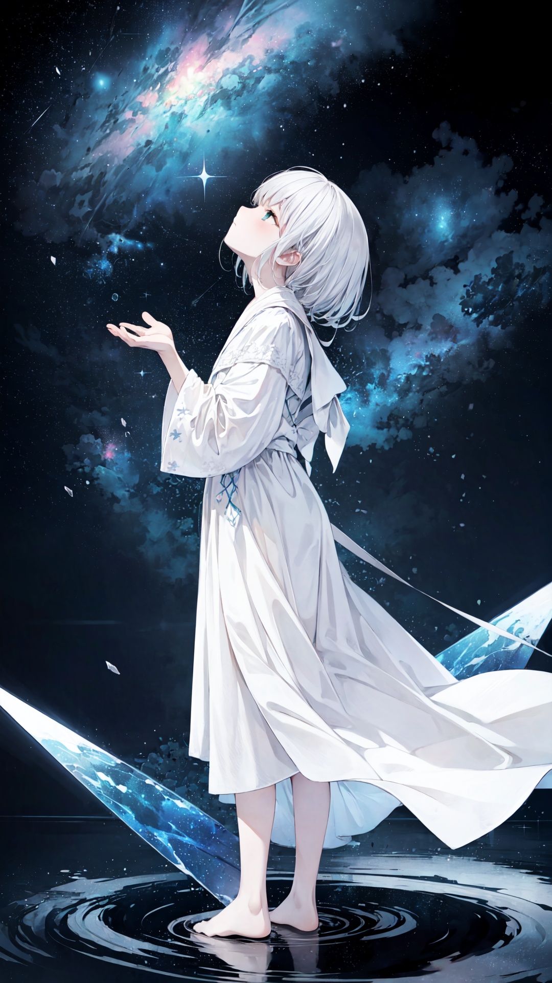 (green, silver, glimmer)),limited palette,contrast,phenomenal aesthetic,best quality,sumptuous artwork,(masterpiece),(best quality),(ultra-detailed),(((illustration))),((an extremely delicate and beautiful)),(detailed light),qua theme,cold theme,broken glass,broken wall,((an array of stars)),((starry sky)),the Milky Way,star,Reflecting the starry water surface,(1girl:1.3),awhite hair,blinking,white dress,closed mouth,constel lation,flat color,noline art,white hair,braid,blinking,white robe,barefoot,float,flat color,looking up,standing,medium hair,standing,solo,space,universe,Nebula,many stars,fanxing,