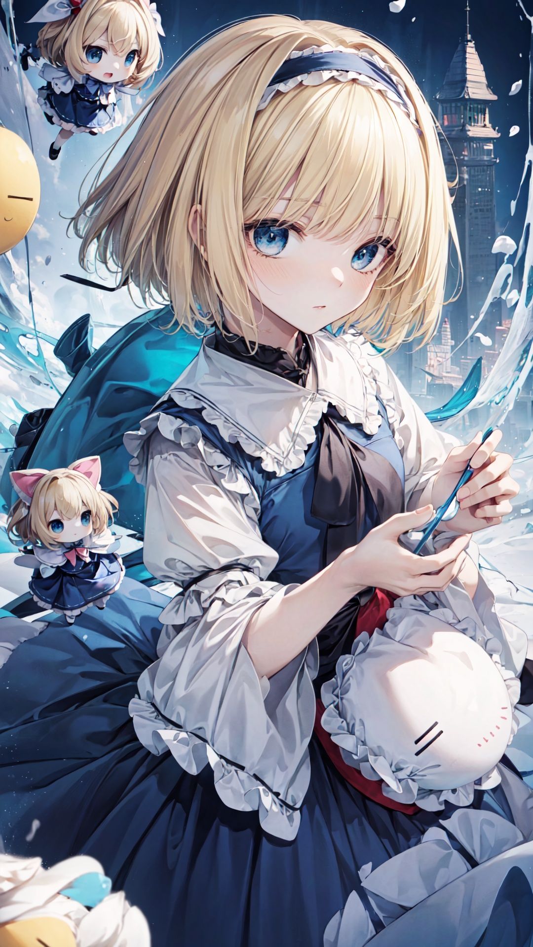 finely detail, Depth of field,(((masterpiece))),((extremely detailed CG unity 8k wallpaper)),best quality,high resolution illustration,Amazing,highres,intricate detail,(best illumination, best shadow, an extremely delicate and beautiful),


(((Alice Margatroid))),(((Floating Shanghai Ningyou))),(((Floating Hourai Ningyou))),((((fumo doll)))),(a girl),Alice,(((((solo))))),Floating Doll,(((Blond Short Hair))),female focus,(beautiful detailed girl),lovely face, extremely delicate and beautiful girls,(blue eyes),((frilled shirt),(darkblue medium skirt)