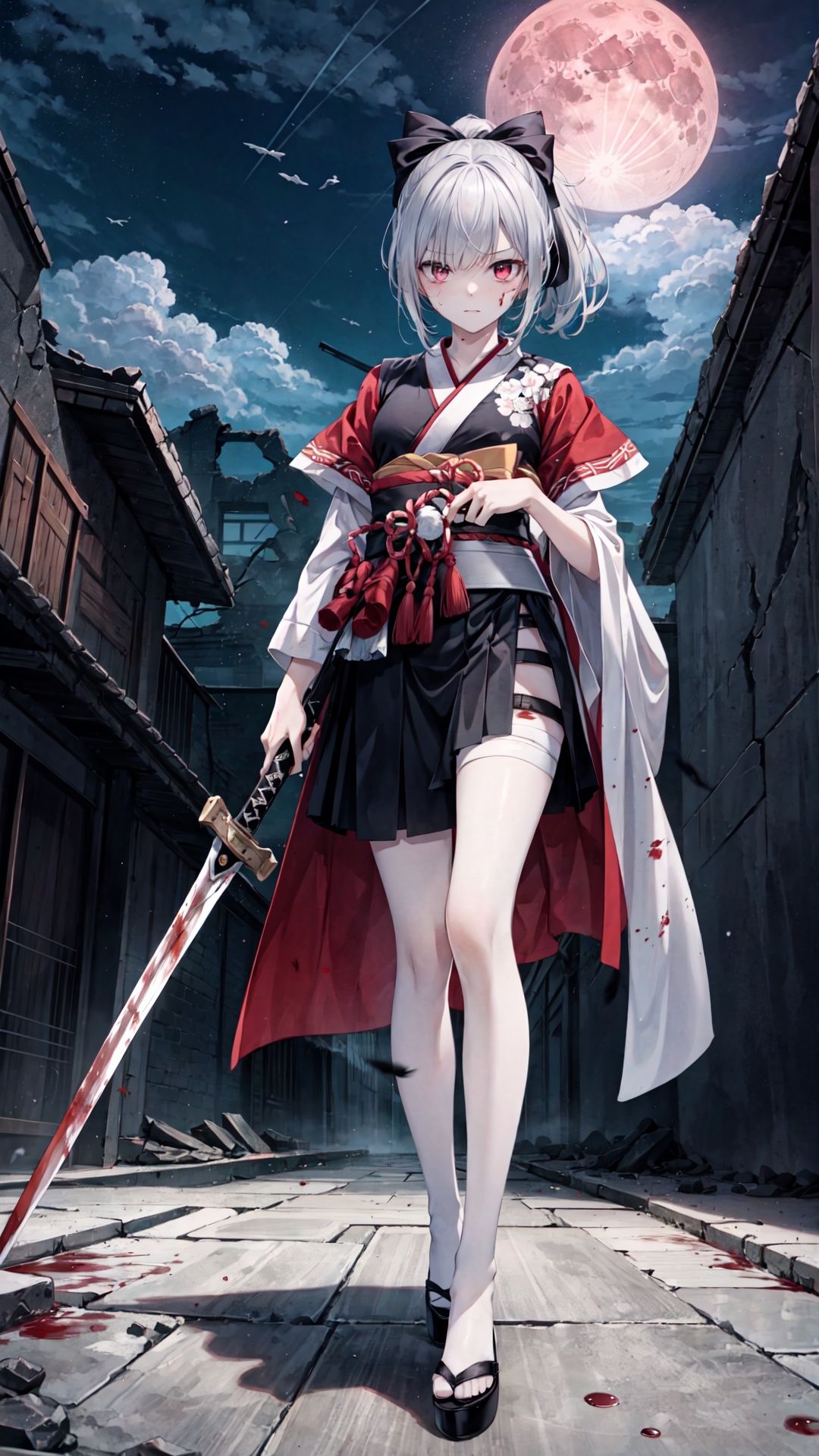 highres, extremely high quality,detailed eyes,{{{detailed face}}},detailed background,game cg, intense shadow,{{{detailed sword}}}

masterpiece,{{solo}},a female,silver hair, high ponytail, hair ribbon, serious,walking towards the front, holding a long Samurai sword in one hand,{{{bandage wrap breasts}}},middle breasts,blood on sword,silk {{expose breasts}} samurai uniform,{{black high heels}}, red gradient eyes,hair cover one eye,{{black tattoo on the left leg}},few blood on face,few blood on body

{{{night}}},an extremely huge {{blood moon}} hanging on the sky,(ruins:1.3),ruins of buildings,(blood is flowing over the ground),(wholesale slaughter),{{black crows flying in the sky}},{{explosion}},{{{few small black feathers floating in the sky}}}

