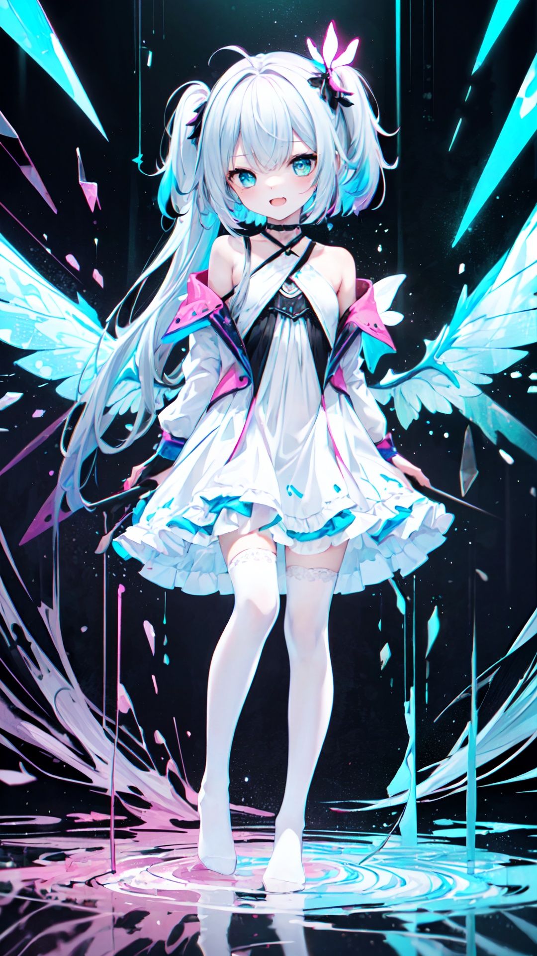 white background:1.7,(full body:1.25),Dynamic angle,[Bottle bottom],
extremely delicate and beautiful,
(fantasy),
depth of field,amazing,masterpiece,
solo,
/////////////////////////////////////
(glowing shiny skin), skin
halter dress, (((loli))), (super delicate), (illustration), (extremely delicate and beautiful), (dynamic angle), fluttered detailed ink splashes, (focus-on feet:1.1),(white thighhighs without shoes),no shoes,(small gold ornament), (beautiful detailed eyes), (glowing eyes),Ferocious eyes,open mouth,evil smile,(((knees up))),
/////asdjiohdiqowdoqmsiax\\\\\\\\\\\\\
(impasto),sketch,(CG),best illustration,portrait,official art,
(Lake:1.2),
(very long messy one side up),hair with rainbow colored ,
(splatter)/=((colorful ink splash wings):1.33),
(colorful ink flowing:0.9),
(broken glass:1.266),beautiful detailed glow,
((chromatic aberration with strong rim light,glitch):1.105),
/////
(looking at viewer),
depth of field, double exposure, tyndall effect, colorful refraction,
visual impact,dynamic angle,
best quality
\\\\\\\\\asda\qwf\\\\\\\\\
AI is **,super fucking cool,(flat color,vector graphics,outline):1.35),(paper cutting:1.2),beautiful detailed,(1girl:1.5),(solo),(full body:1.2),Side view,Lines of simple,ight,hair with body,webbed dress,(Elegant long hair:1.2),Delicate arms and hands,hair with flower,colorful wings,
(delicate face,delicate eyes),
(Elegant long hair),
((flower:1.2),flower leg,flower hands,body with flower,flowing hair,The body is covered with flowers),
(((error),((glitch lump)on face),(glitch art:1.5),(Pixilation on face)///,Double exposure,(Chromatic Aberration),(Neon:1.2),
(delicate face,delicate hands),

(masterpiece,best quality,extremely detailed CG ultra-detailed),Depth of field,ray tracing,
((1girl,solo):1.2),an extremely deilcate and beautiful,detailed face,(detailed cute anime face:1.35),small breast,
detailed body,beautiful detailed eyes,beautiful detailed glow,
beautiful detailed eyes,Emerald eyes,Vertical pupil,ai is **,
(((very long messy one side up:1.2),(hair with rainbow colored) with (white hair),
(white short dress:1.4),(white off-shoulder jacket:1.3),detailed clothes,
(colorful butterfly)/=(Metatron's Cube with ether),
Splash color,((colorful splash wings):1.45),
(Floating, high saturation, surrounded by colorful splashes, surrounded by colorful dot, colorful bubble, shining),
((chromatic aberration with strong rim light):1.4),(glitch:1.4),