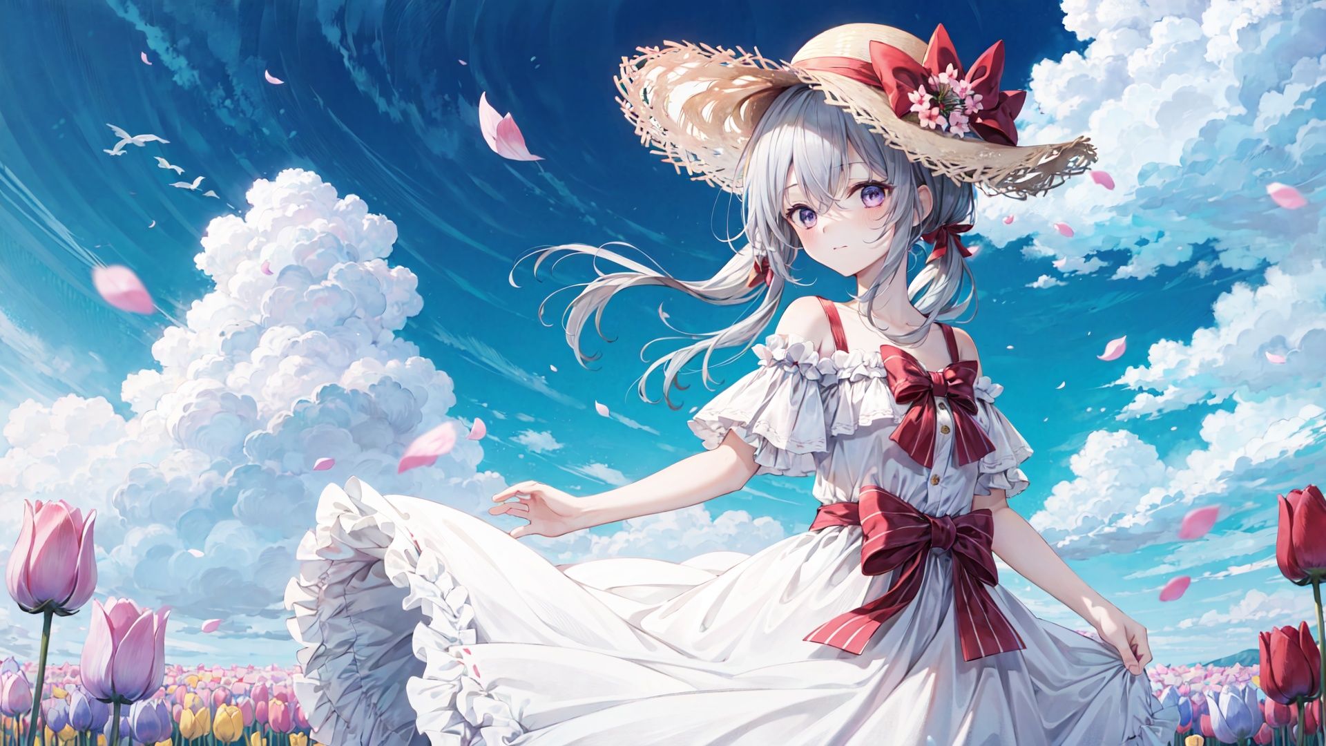 1girl,outdoors,solo,hat,dress,flower,tulip,purple eyes,long hair,white dress,looking at viewer,ribbon,pink flower,bangs,straw hat,day,sky,blush,hair ribbon,yellow flower,blue sky,red ribbon,bare shoulders,field,bow,twintails,petals,closed mouth,off shoulder,flower field,hair between eyes,tree,cloud,plaid,off-shoulder dress,grey hair,standing,hat bow,floating hair,arm up,wind,frills,low twintails,breasts,