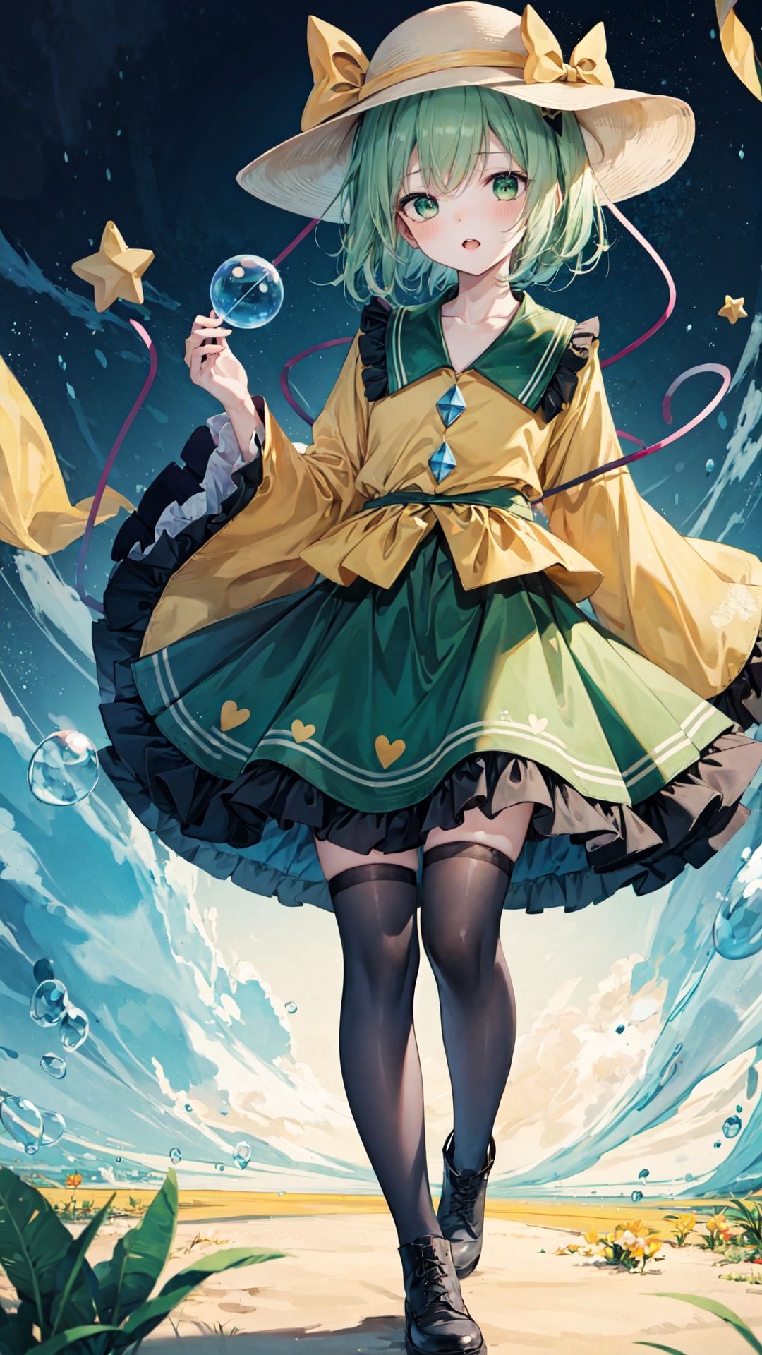 masterpiece,(illustration:1.2),(Cinematic Lighting),star,moon,bubble,fantastic,plant,best quality,
1girl,solo,hat,komeiji koishi,skirt,heart,shirt,thighhighs,green skirt,long sleeves,ribbon,looking at viewer,wide sleeves,third eye,frills,yellow shirt,hat ribbon,star (symbol),flower,green hair,black headwear,full body,short hair,blue eyes,blush,frilled sleeves,frilled shirt collar,gradient,green eyes,collarbone,frilled skirt,hat bow,yellow ribbon,bow,eyeball,floral print,yellow bow,blouse,parted lips,heart of string,bangs,open mouth,boots,