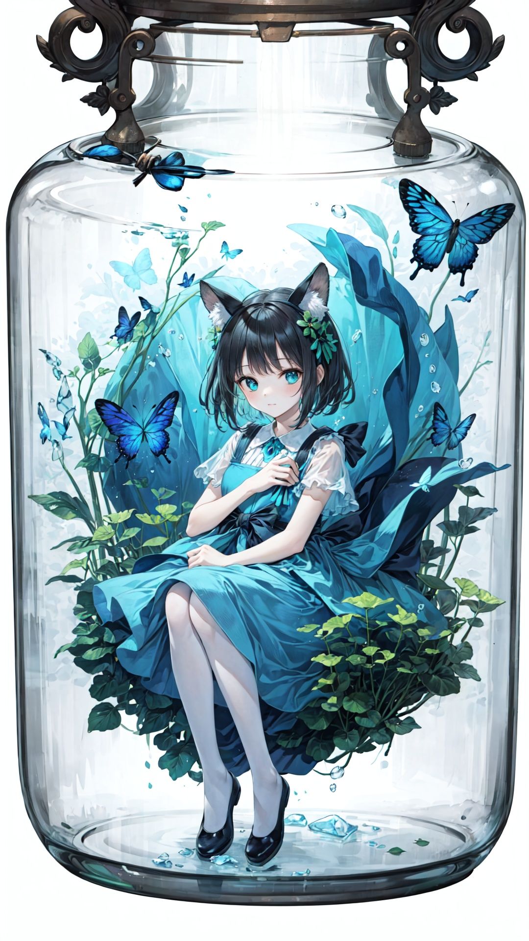 [(white background:1.45)::5],(transparent background:1.3),
1girl,fake animal ears,clover theme,
plant,ice, underwater,butterfly,
(glass jar:1.15), (girl in jar:1.35),