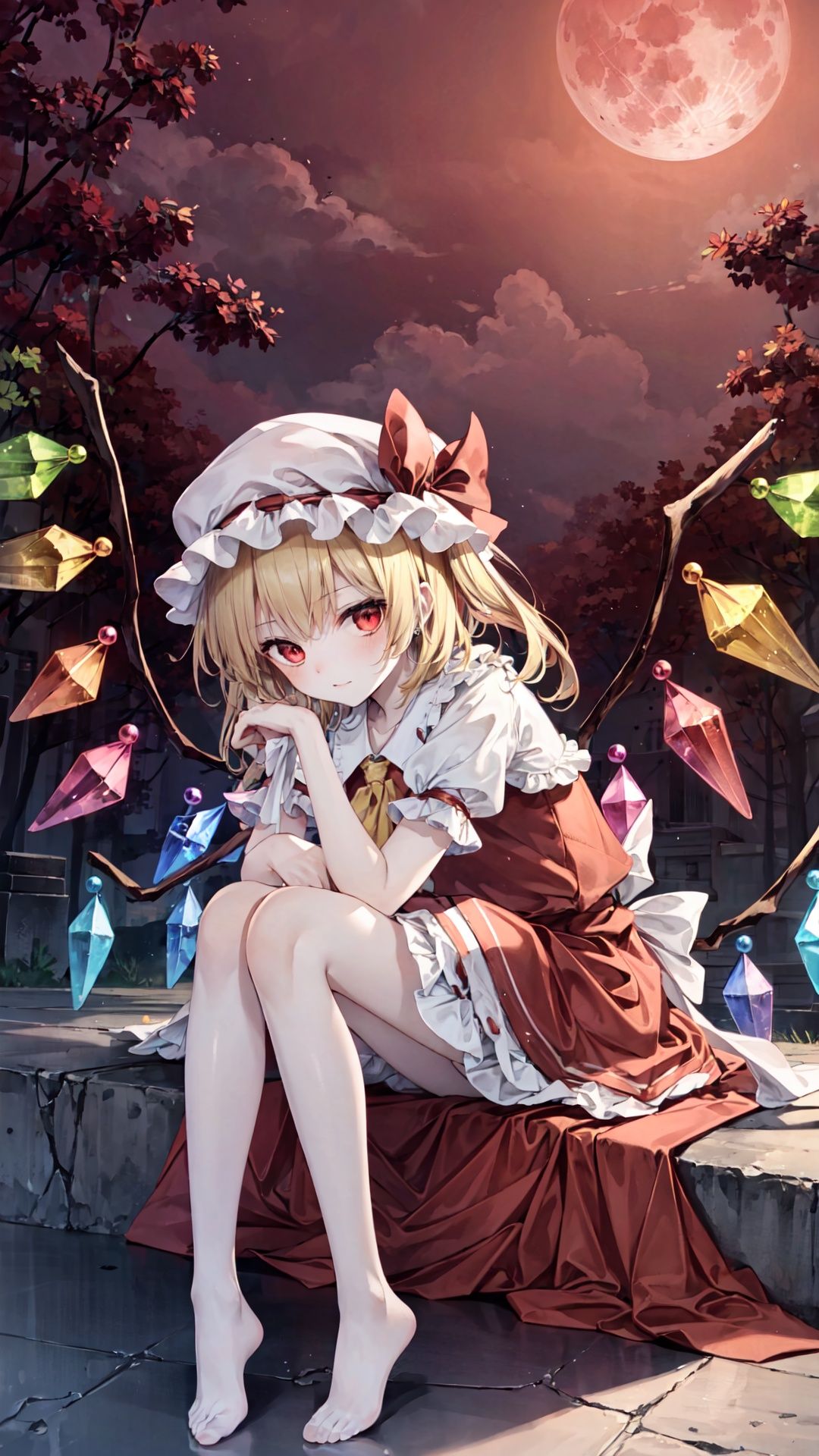 finely detail, Depth of field,(((masterpiece))),((extremely detailed CG unity 8k wallpaper)),best quality, high resolution illustration,Amazing,intricate detail,(best illumination, best shadow, an extremely delicate and beautiful),
フランドール・スカーレット,

full_moon, ((red moon)), night, outdoors, blood, bare_tree,(((Blood red sky))), bat swarm,

((((Flandre Scarlet))),Flandre Scarlet (((1 loli))),(((9 years old))), ((little girl)), ribbon,Blue Hair,golden hair,disheveled hair,side-pony,bat wing,DECAYING BAT WINGS,red Dress,red_moon, wings, solo, bloomers, hat_ribbon, barefoot, shower cap,red_eyes, looking_at_viewer,