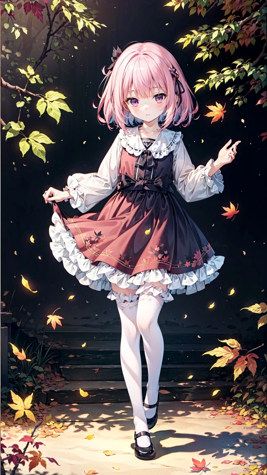 (((full body))),finely detail, Depth of field,(((masterpiece))),((extremely detailed CG unity 8k wallpaper)),best quality, high resolution illustration,Amazing,intricate detail,(best illumination, best shadow, an extremely delicate and beautiful),
1girl,full body,(loli:1.2),pink hair, hair,legwear,bloomers,autumn, falling leaves,standing on one leg,