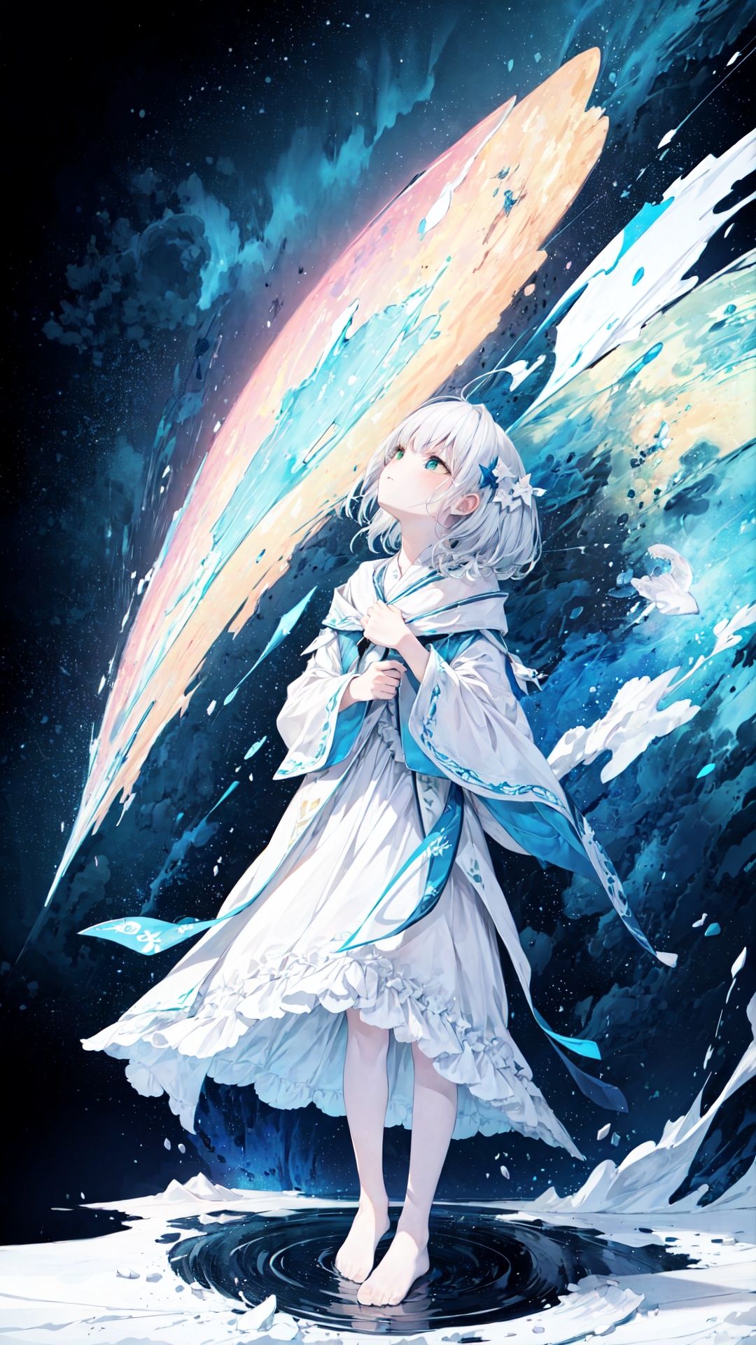 (green, silver, glimmer)),limited palette,contrast,phenomenal aesthetic,best quality,sumptuous artwork,(masterpiece),(best quality),(ultra-detailed),(((illustration))),((an extremely delicate and beautiful)),(detailed light),qua theme,cold theme,broken glass,broken wall,((an array of stars)),((starry sky)),the Milky Way,star,Reflecting the starry water surface,(1girl:1.3),awhite hair,blinking,white dress,closed mouth,constel lation,flat color,noline art,white hair,braid,blinking,white robe,barefoot,float,flat color,looking up,standing,medium hair,standing,solo,space,universe,Nebula,many stars,fanxing,