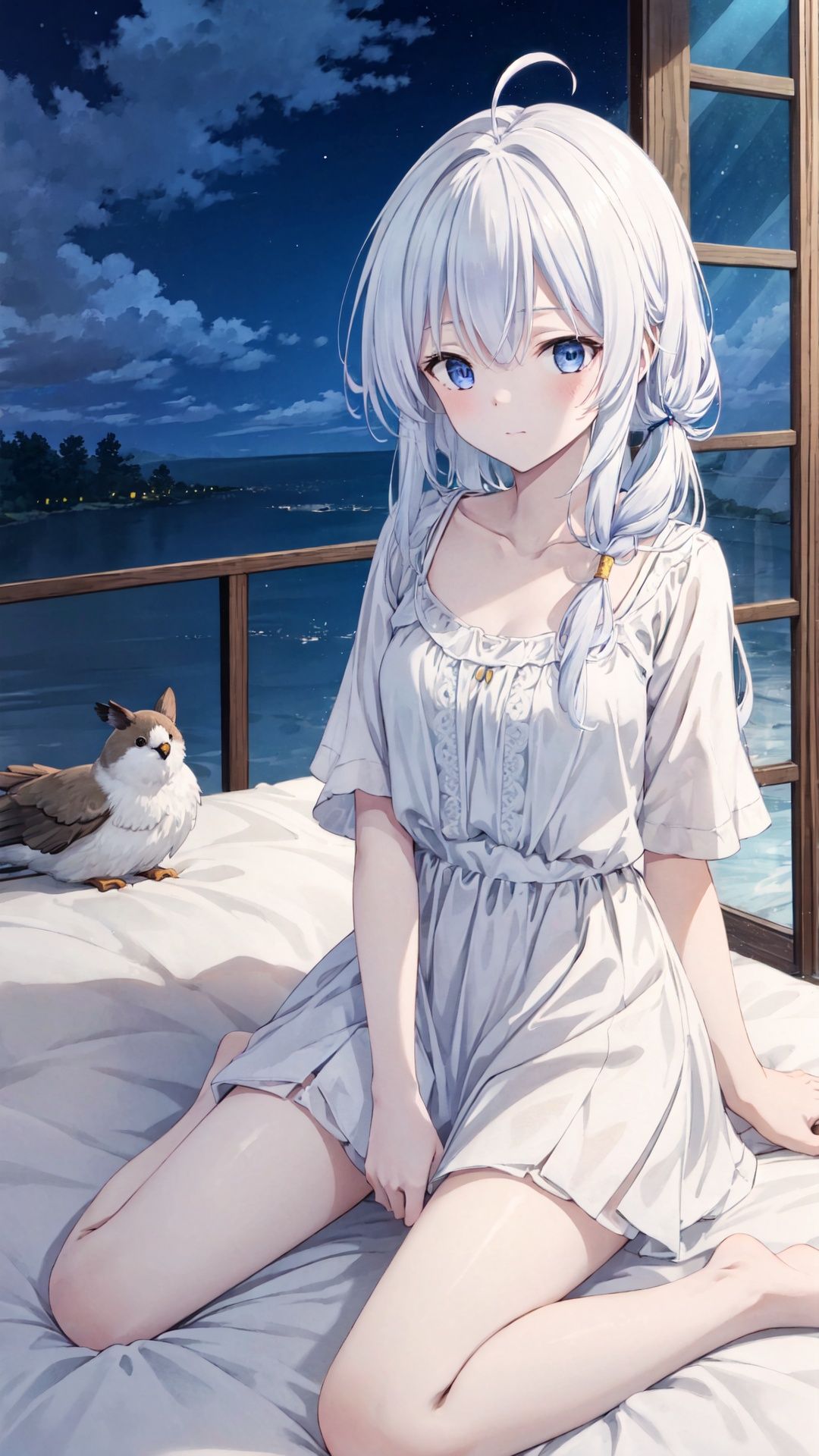 finely detail, (dark),Depth of field,(((masterpiece))),((extremely detailed CG unity 8k wallpaper)),best quality, high resolution illustration,Amazing,intricate detail,(best illumination, best shadow, an extremely delicate and beautiful),

,White curtains,cloud,window,sky,open_window,cloudy_sky,blue_sky,indoors,ahoge,Simple European style architecture,

1girl,solo,ahoge,sitting,silver hair,long_hair,braid,blue_eyes,bed,Sky blue bed sheets,pillow,night,bird,looking_at_viewer,clock,White shirt,clavicle,White short skirt,bare legs,barefoot,Holding a mug

,elaina \(majo no tabitabi\),****