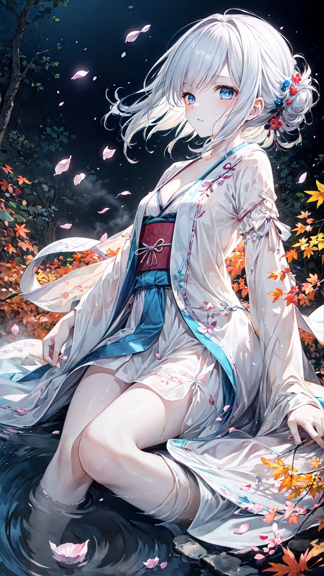 dark,dark,dark,finely detail,(((masterpiece))),((extremely detailed CG unity 8k wallpaper)),best quality, high resolution illustration,,Amazing,highres,intricate detail,(best illumination, best shadow, an extremely delicate and beautiful),Raytrace,

(((night))),in autumn,Japanese lantern,Japanese hairpin,wind,(flying petal:1.5),maple,((Falling Maple Leaves)),sprinkle,In the pond,Beautiful detailed water surface,Water Reflection,In the pond,detailed water,ripple,fog,sitting,
,(((Tyndall effect))),(((dense))),((fog)),((God's light)),(((backlight))),((light leaks)),((Airborne dust)),


(a girl),(((((solo))))),
female focus,(beautiful detailed girl),lovely face, extremely delicate and beautiful girls,blue eyes,diamond and glaring eyes,beautiful detailed glow,lateral view,1 gir,Slender waist, small breast,bare legs,cleavage,wet body,white hair,braided chignon,sigh,wet,white skin,nude,Areola minor,Small nipples,Personage as the main perspective,qingsha