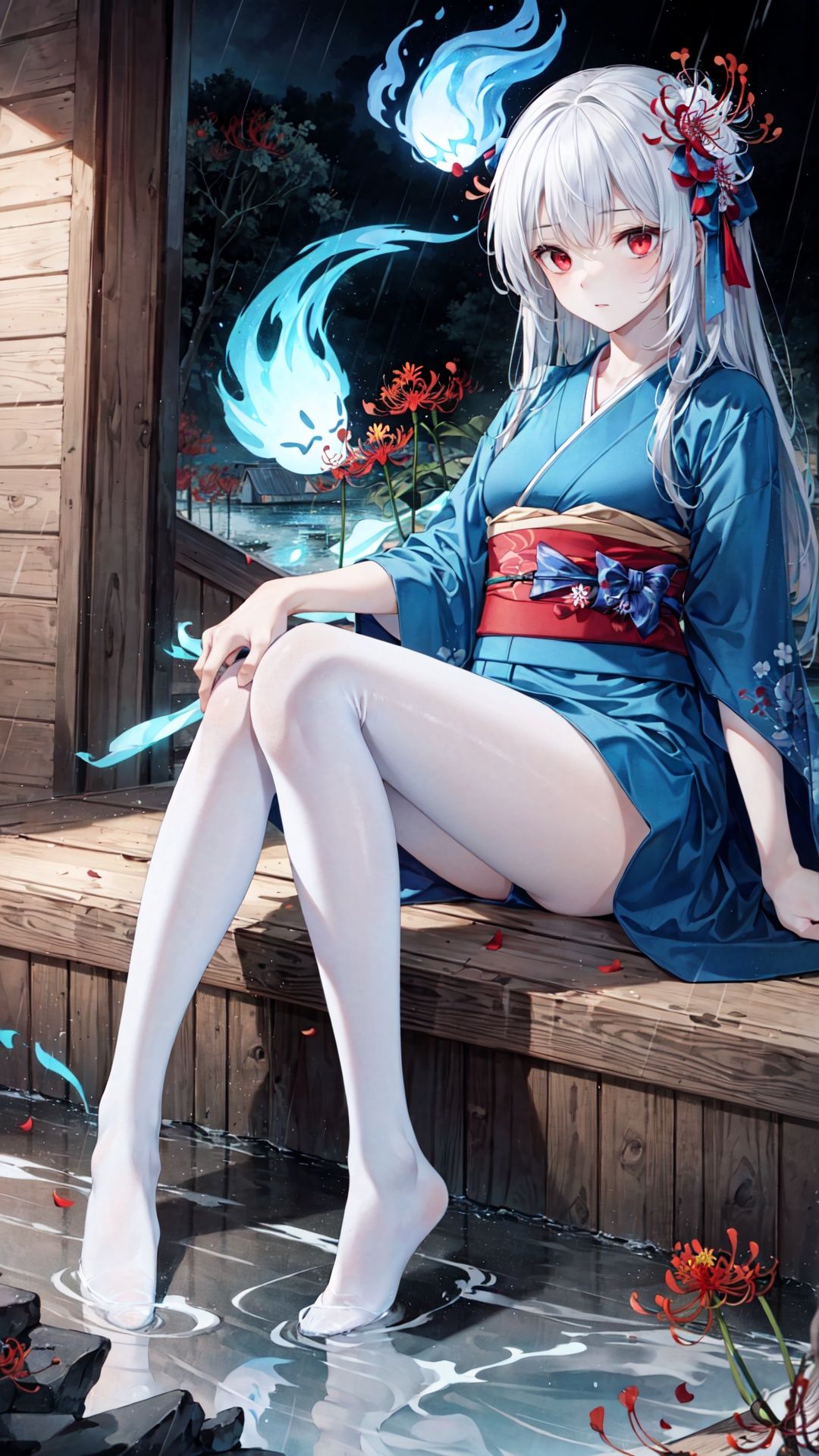 ((masterpiece)),((best quality)),extremely detailed,Illustration,(an extremely delicate and beautiful),(ultra_detailed),(extremely detailed CG 8k wallpaper),depth of field.
wide shot,(((full body))),(solo),((an extremely delicate and beautiful girl is sitting on the rock)),((extremely detailed red eyes and face)) with (white long hair) with (flutter hair) with (expressionless) with (hair flower) with ((blue kimono)) with (tiny breasts).
((much (red flowers and spider lily) on the floor with river)), (((a broken chalet))).
rain. Dark tonal. (ghost, floating blue fire:1.2).wide shot
