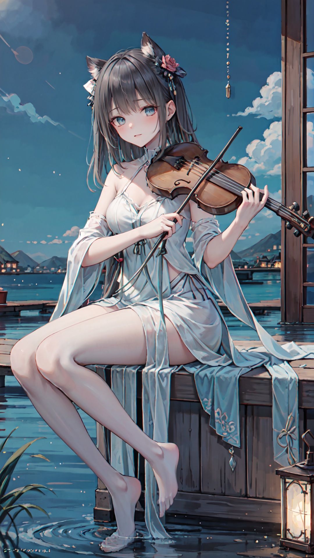 1girl, solo, long hair, violin, instrument, black eyes, dress, white dress, white hair, looking at viewer, light particles, closed mouth, indoors, jewelry, sleeveless, bare shoulders, bangs, head tilt, black rose, beautiful detailed eyes, detailed background, amanhecer, cloud, flower, sky, scenery, day, grass, outdoors, blue_sky, field, cloudy_sky, horizon, hydrangea, water, ocean, mountain, blue_flower, flower_field, bird, The black bow on the head,qingsha,plyaing violin,harp