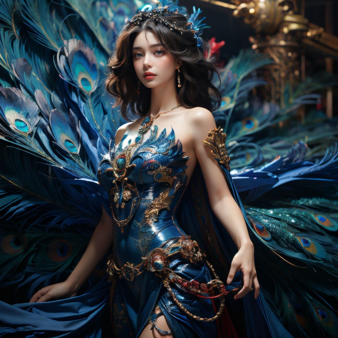 Best Quality, masterpiece, ultra-high resolution, (photo realistic: 1.4) , perfect hand shape, surrealism, realistic fantasy, beautiful blue-skinned goddess Phoenix Peacock, fantasy creation, thriller color scheme, surrealism, abstract, psychedelic, a girl,