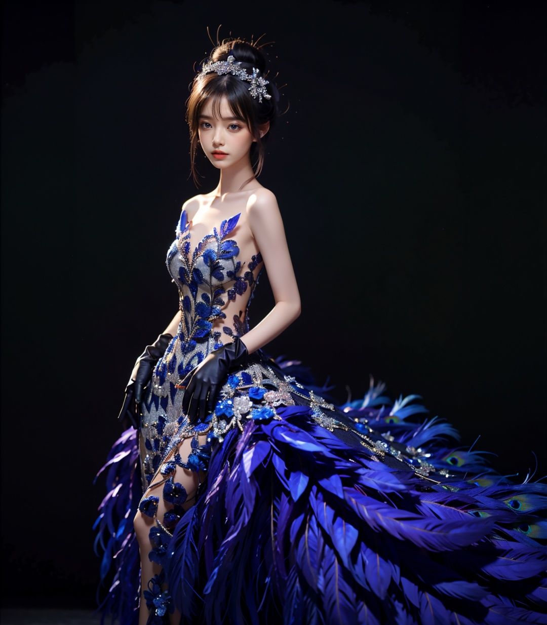 Peacock, 1 girl, solo, dress, gloves, feather dress, look at the audience, hair accessories, elbow gloves, Blue Eyes, cowboy shoot, standing, Hair Bun, bare shoulders, dress, hair bun, black gloves, flowers, Bangs, gray hair, shut up, black background, simple background,1 girl,yuzu