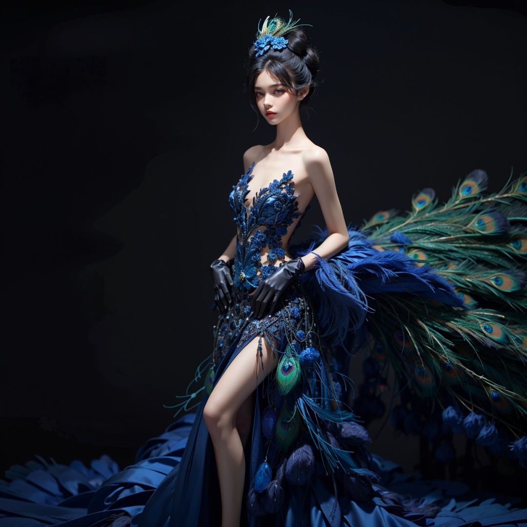 Peacock, 1 girl, solo, dress, gloves, feather dress, look at the audience, hair accessories, elbow gloves, Blue Eyes, cowboy shoot, standing, Hair Bun, bare shoulders, dress, hair bun, black gloves, flowers, Bangs, gray hair, shut up, black background, simple background,1 girl,yuzu