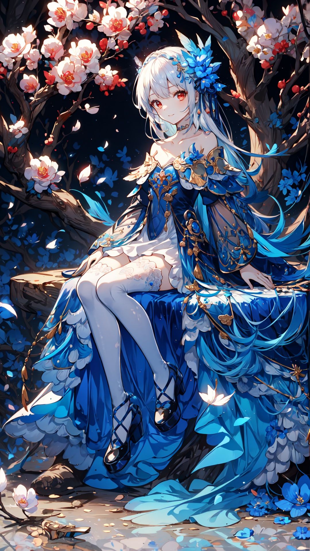 masterpiece,1girl,solo,

((on_tree)),white_hair,long_hair,red eyes,white_dress,collarbone,light_smile,school_uniform,white_legwear,loli,small_breasts,off_shoulder,falling_leaf.flower,hair_ornament,on_branch,full_body,(uwabaki),uwabaki, sitting in tree, see-through, see-through,full body,mary janes,  ,2D conceptual design,1 girl