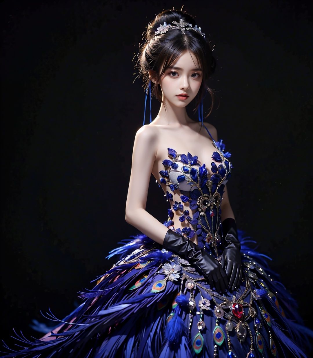 Peacock, 1 girl, solo, dress, gloves, feather dress, look at the audience, hair accessories, elbow gloves, Blue Eyes, cowboy shoot, standing, Hair Bun, bare shoulders, dress, hair bun, black gloves, flowers, Bangs, gray hair, shut up, black background, simple background,1 girl,yuzu