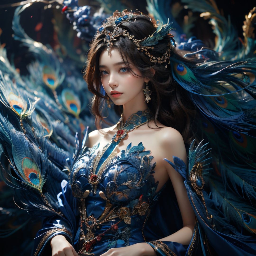  Best Quality, masterpiece, ultra-high resolution, (photo realistic: 1.4) , Surrealism, Fantastical verisimilitude, beautiful blue-skinned goddess Phoenix Peacock on her head, fantastical creation, thriller color scheme, surrealism, abstract, psychedelic, 1 girl,
