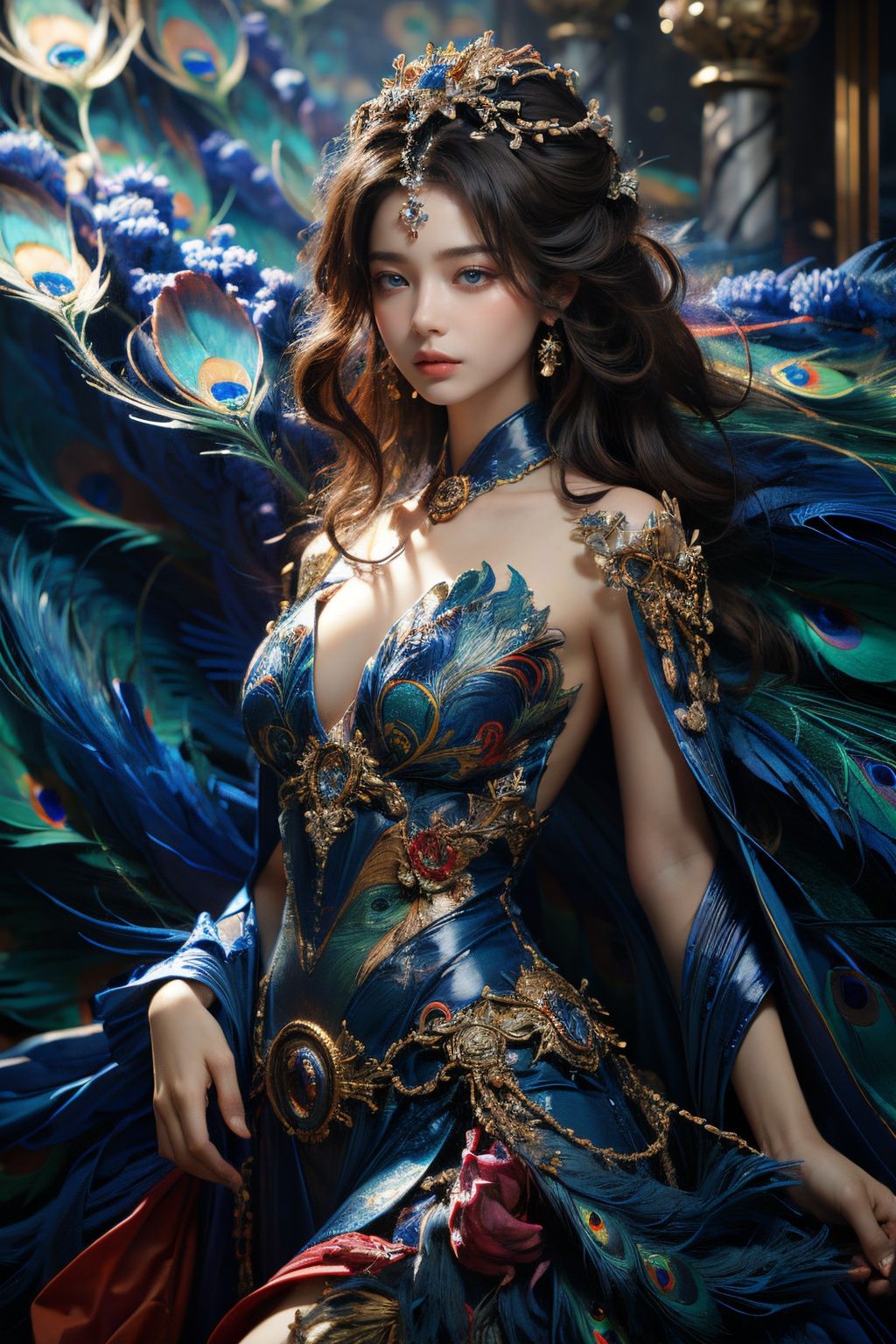 Best Quality, masterpiece, ultra-high resolution, (photo realistic: 1.4) , Surrealism, Fantastical verisimilitude, beautiful blue-skinned goddess Phoenix Peacock on her head, fantastical creation, thriller color scheme, surrealism, abstract, psychedelic, 1 girl,