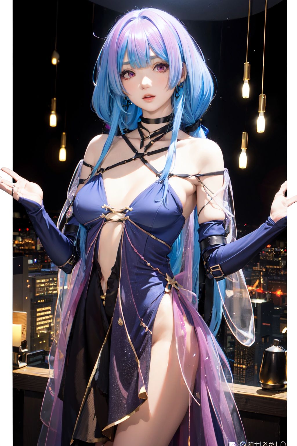 1girl,solo,(looking at viewer),bangs,Masterpiece, high quality, beautiful wallpaper, 16k, animation, illustration, positive perspective, perfect body, detailed face, delicate features,  jewelry,dress,blue hair,pink hair,long legs,city,nsfw,big_boobies,breast out