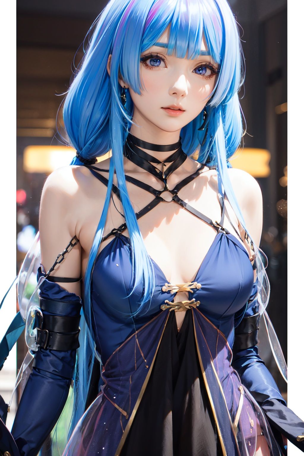 1girl,solo,(looking at viewer),bangs,Masterpiece, high quality, beautiful wallpaper, 16k, animation, illustration, positive perspective, perfect body, detailed face, delicate features,  jewelry,dress,blue hair,