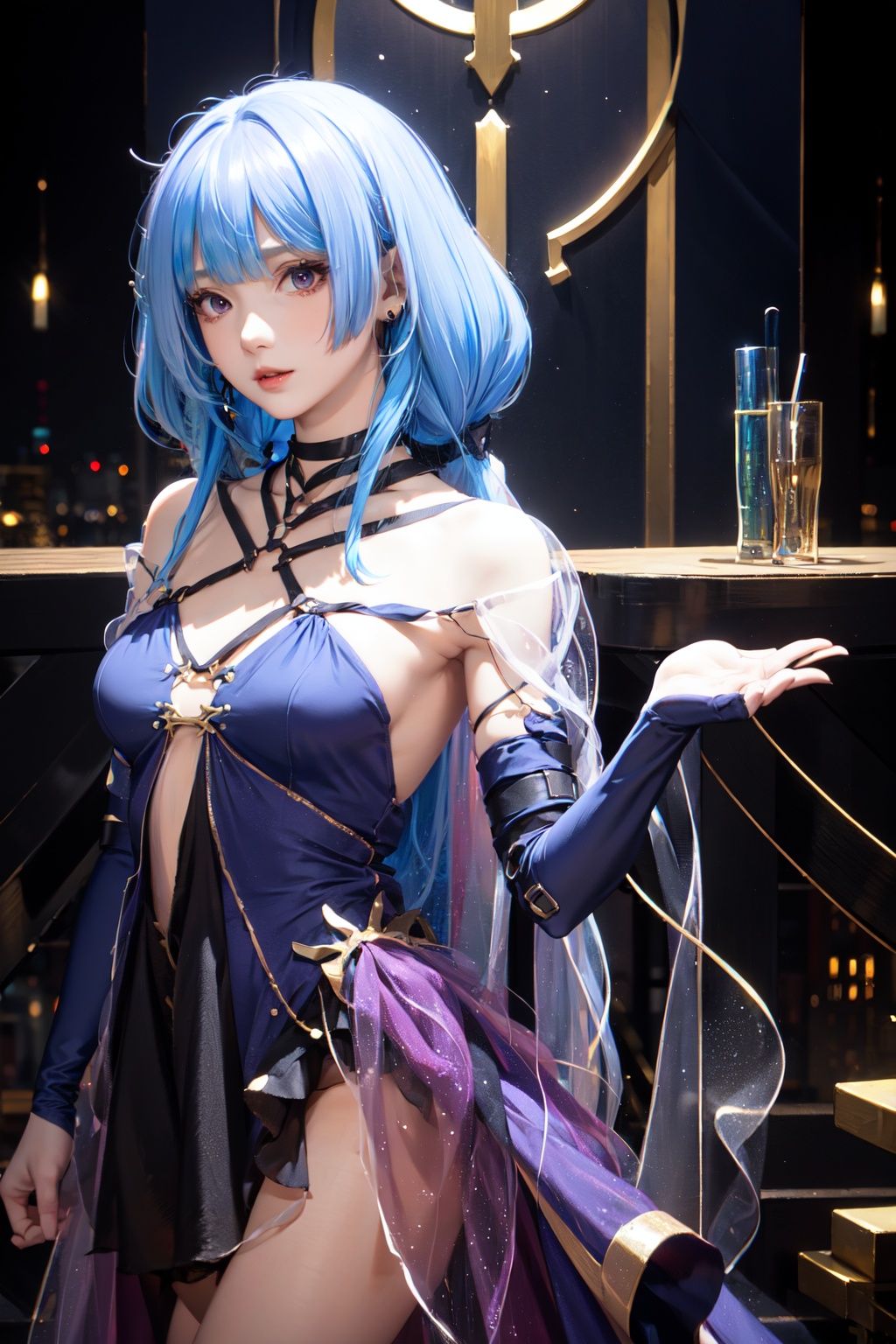 1girl,solo,(looking at viewer),bangs,Masterpiece, high quality, beautiful wallpaper, 16k, animation, illustration, positive perspective, perfect body, detailed face, delicate features,  jewelry,dress,blue hair,long legs,city