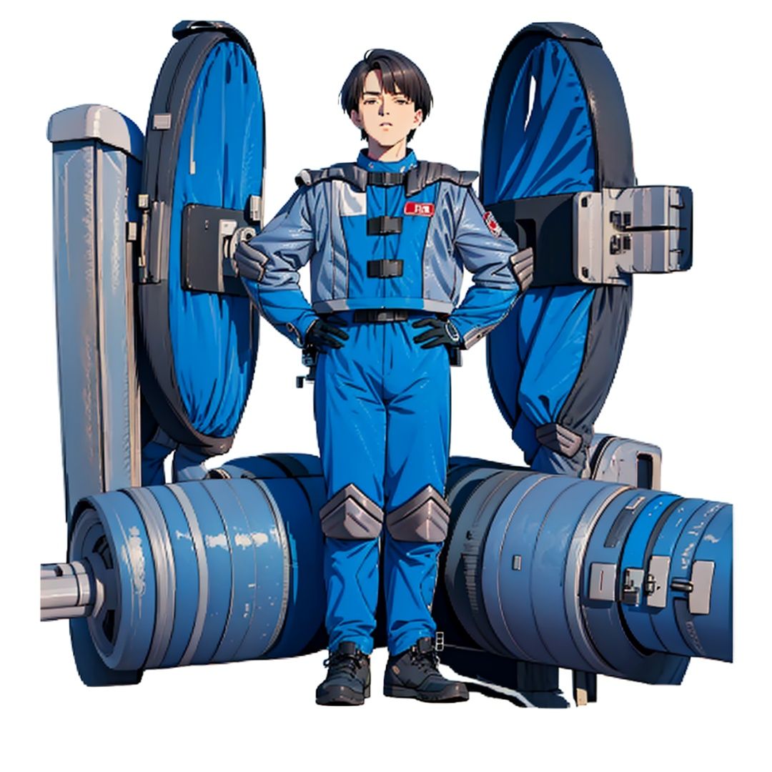 (masterpiece:1.3), (the best quality:1.2), (super fine illustrations:1.2), (Masterpiece), high quality, high detail,((white background:1.2)), looking at viewer, (SOLO:1.4),outline,,simple background,pilot suit, shoulder pads,blue jacket,blue pants,police uniform, clothes writing,gloves,helmet,uniform,armor,pants,logo,military uniform,emblem,boots,belt, pilot suit